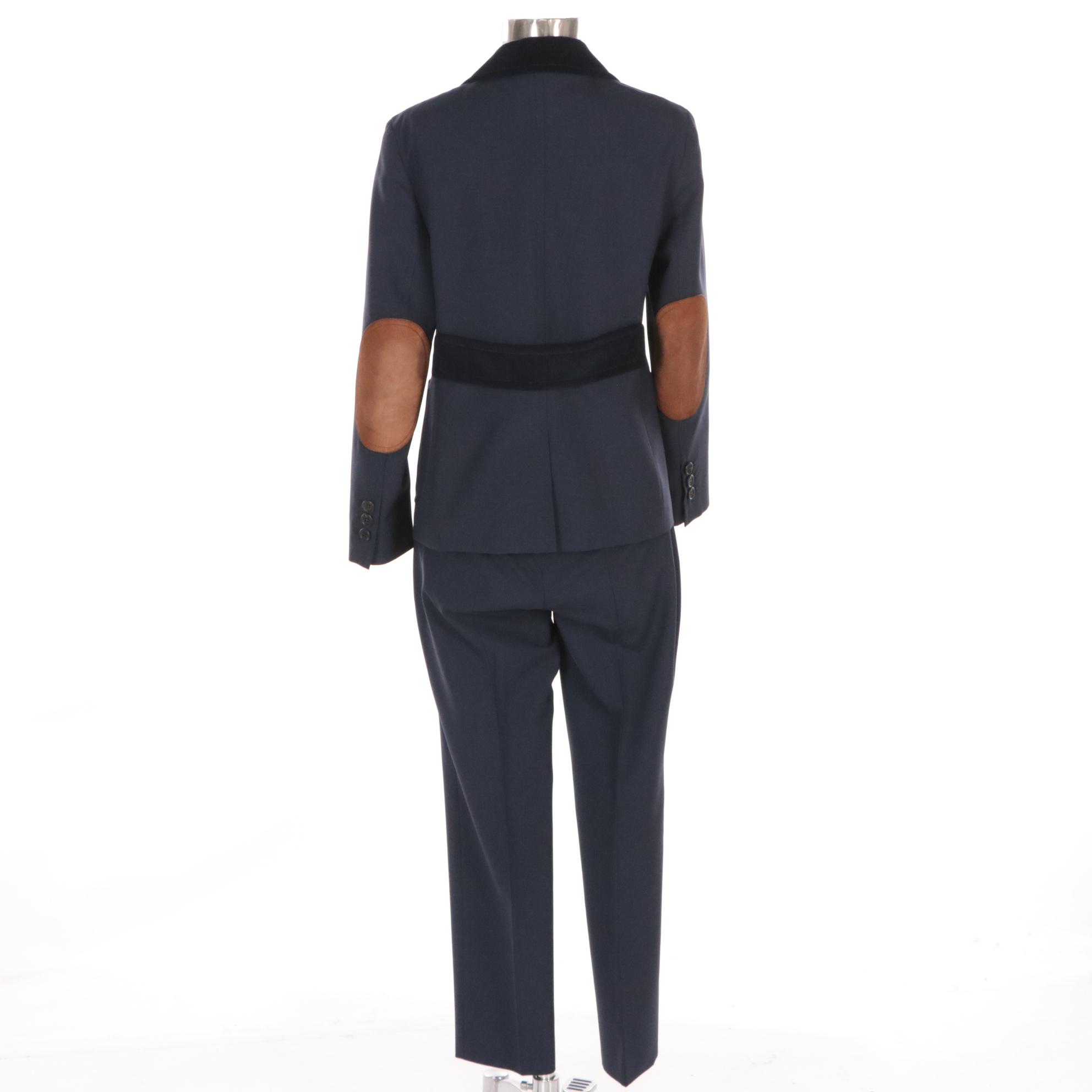 Prada Blue Wool Two-Button Pantsuit with Suede Elbow Patches and Corduroy Trim
