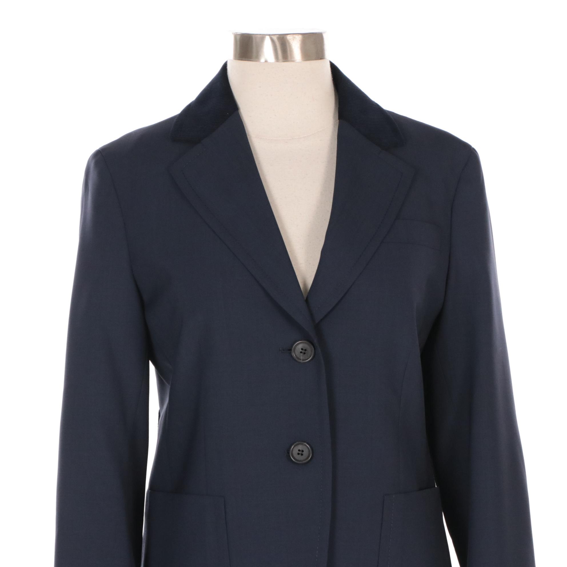 Prada Blue Wool Two-Button Pantsuit with Suede Elbow Patches and Corduroy Trim