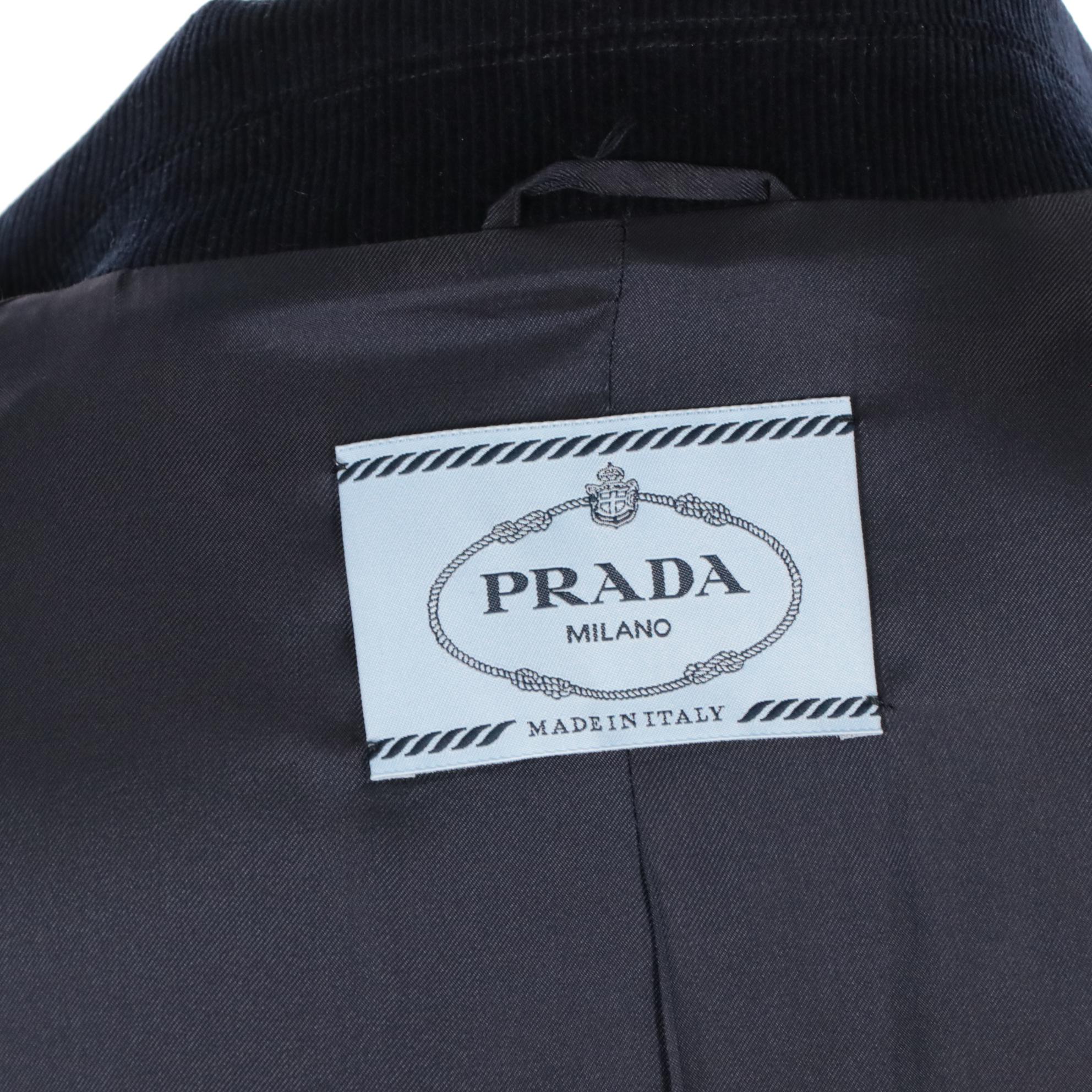 Prada Blue Wool Two-Button Pantsuit with Suede Elbow Patches and Corduroy Trim