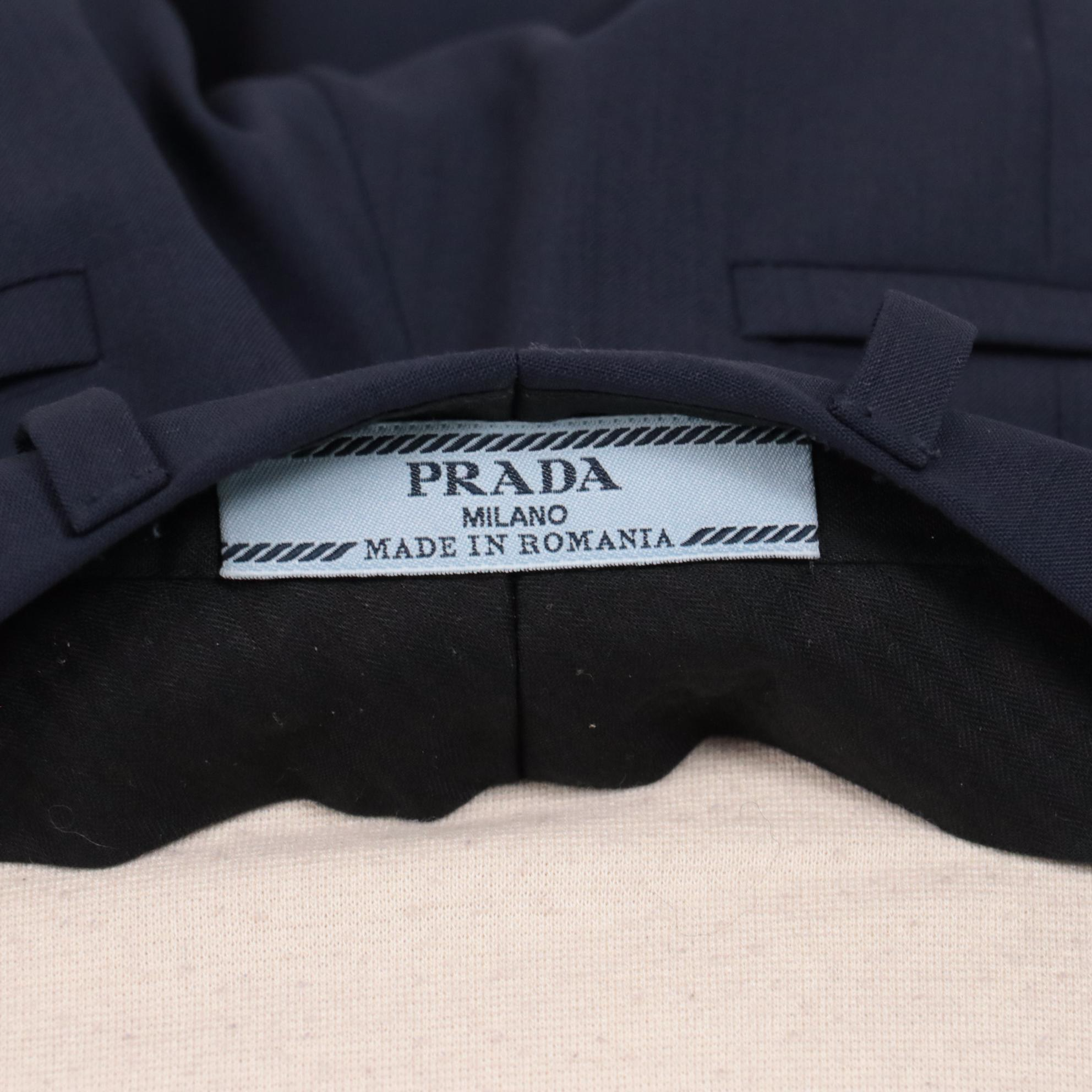 Prada Blue Wool Two-Button Pantsuit with Suede Elbow Patches and Corduroy Trim