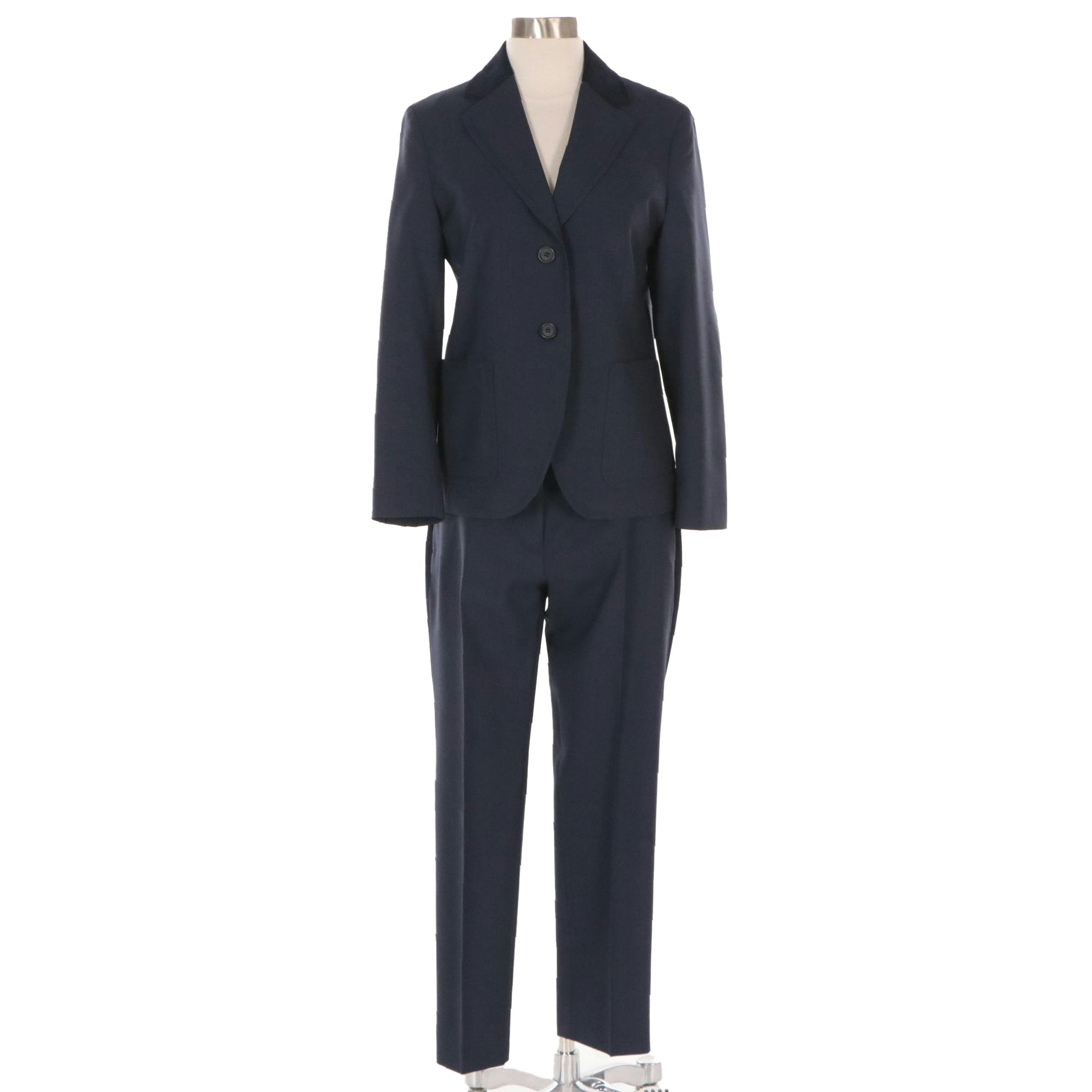 Prada Blue Wool Two-Button Pantsuit with Suede Elbow Patches and Corduroy Trim