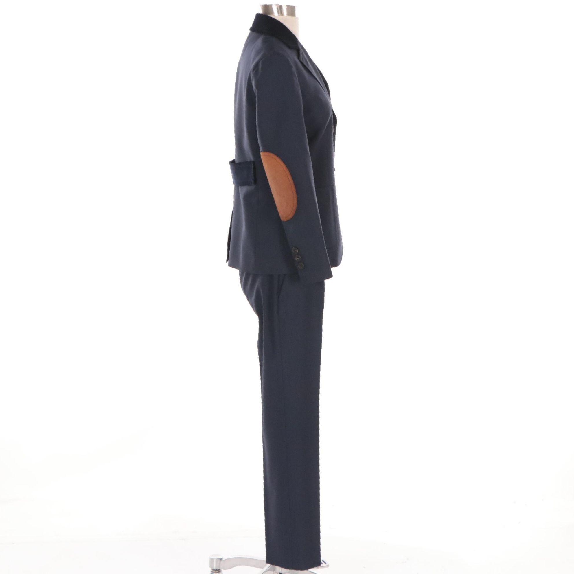 Prada Blue Wool Two-Button Pantsuit with Suede Elbow Patches and Corduroy Trim