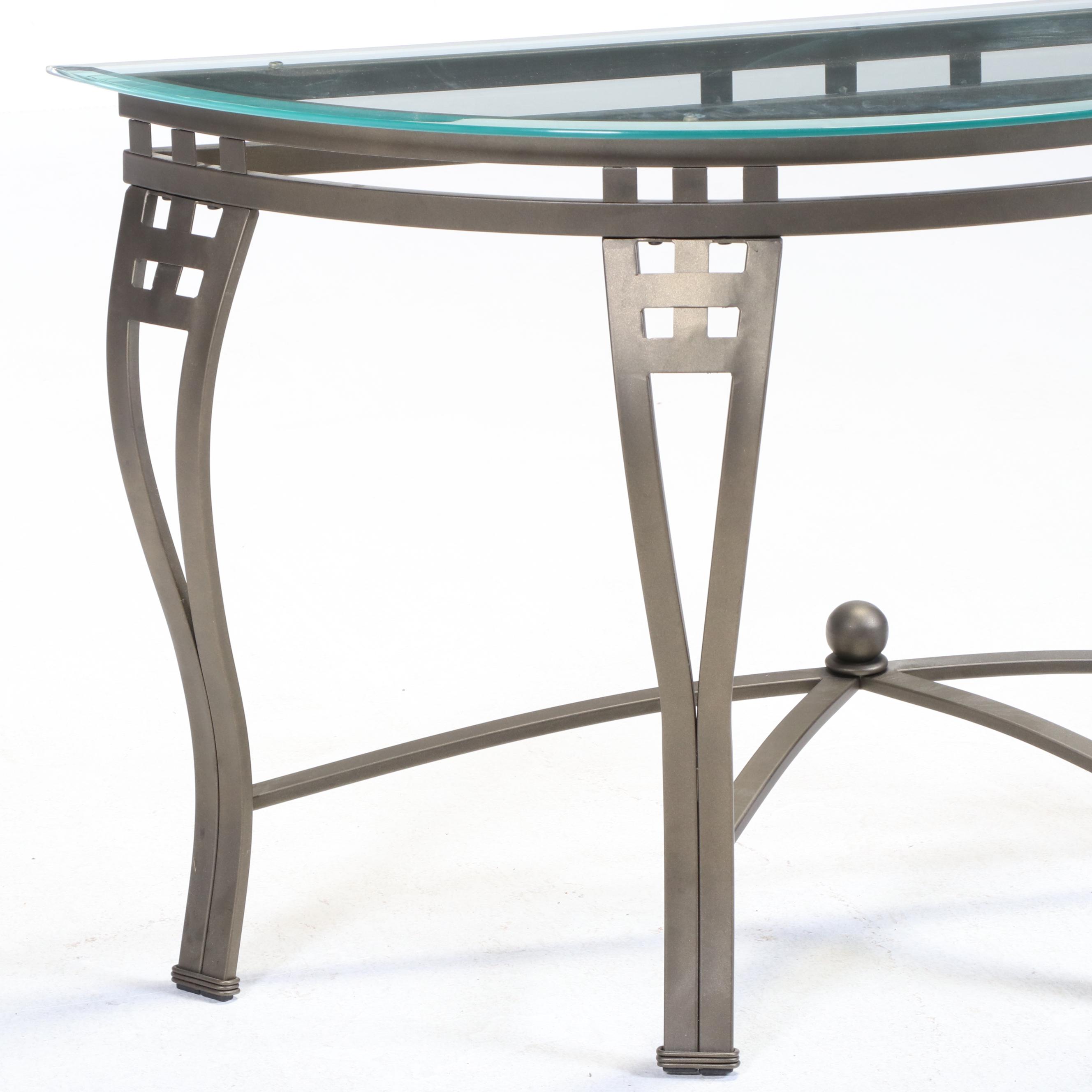 Bronze-Patinated Metal and Glass Top Demilune Console Table