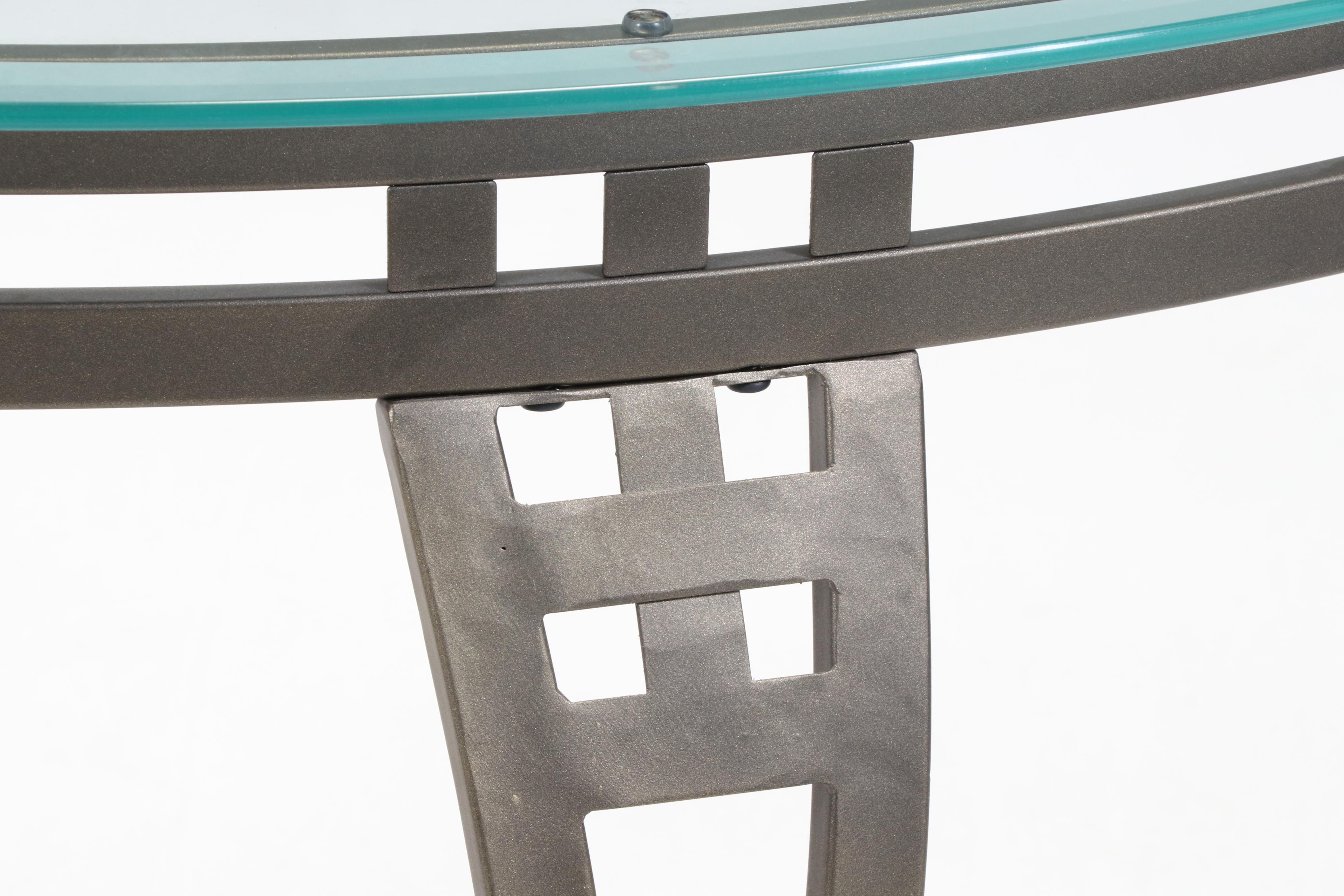 Bronze-Patinated Metal and Glass Top Demilune Console Table