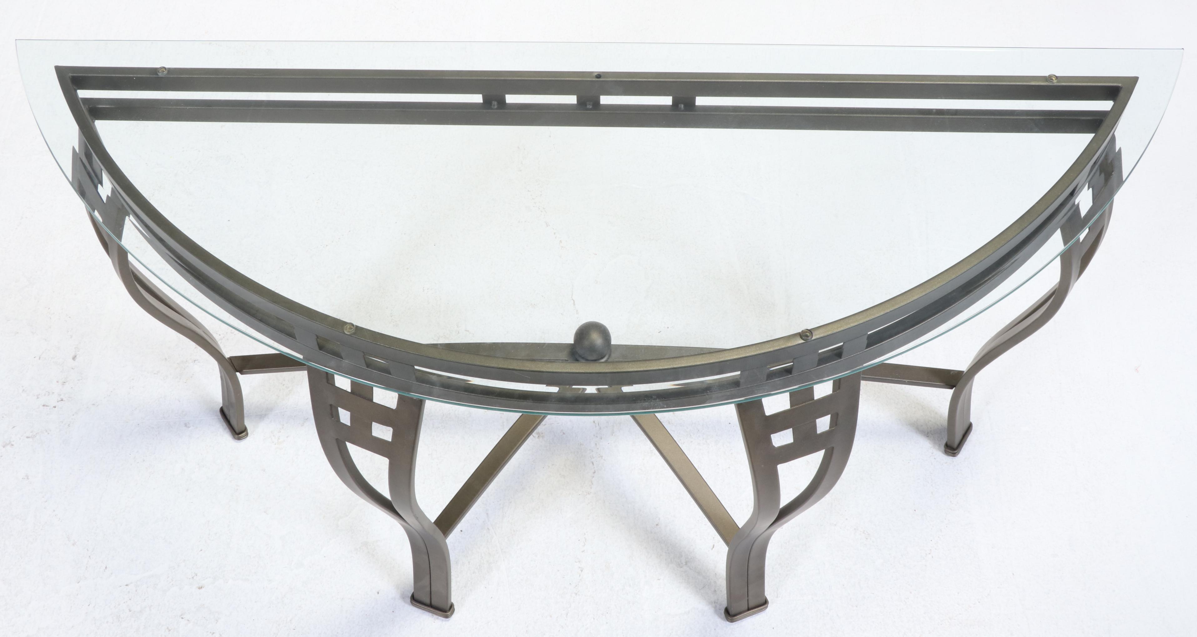 Bronze-Patinated Metal and Glass Top Demilune Console Table