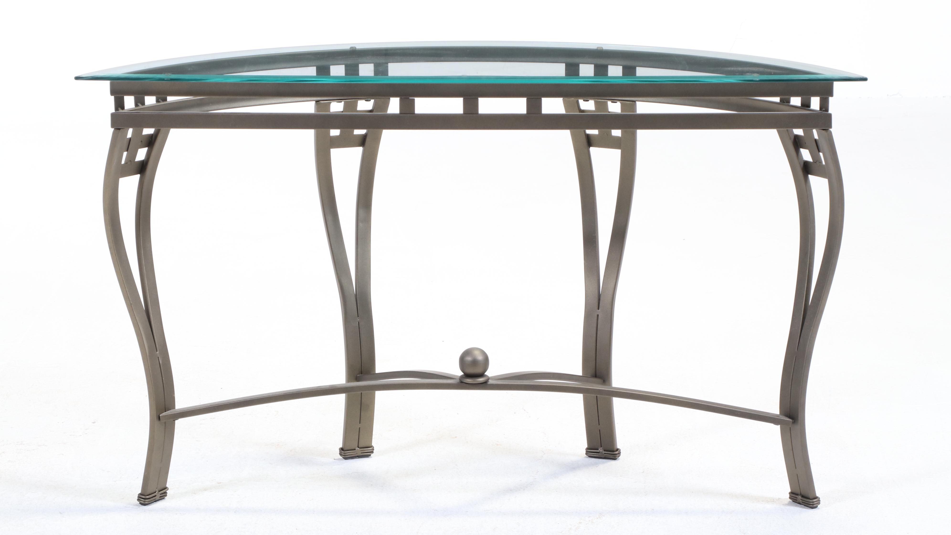 Bronze-Patinated Metal and Glass Top Demilune Console Table
