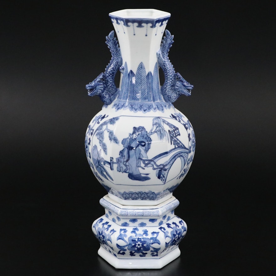 Chinese Hand-Painted Hexagonal Vase with Decorative Dragon Handles and Base