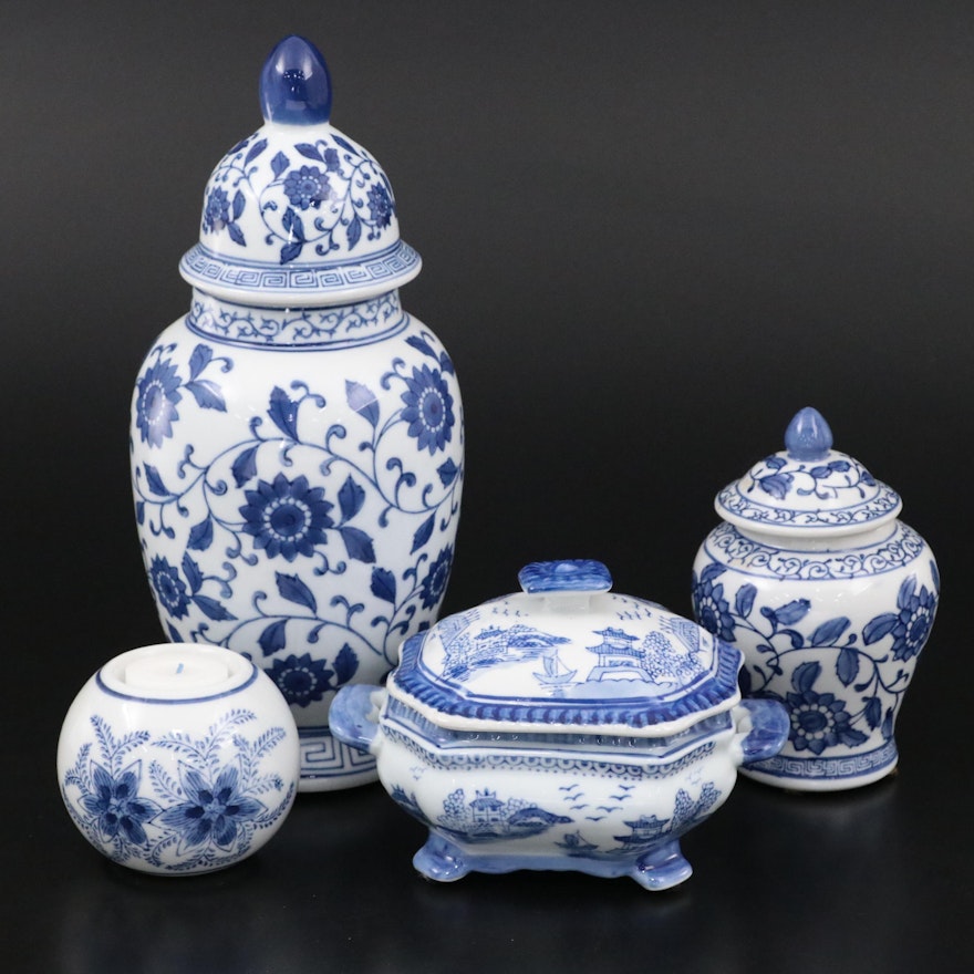Chinese Blue and White Hand-Painted Ceramic Candle Holders and Lidded Jars