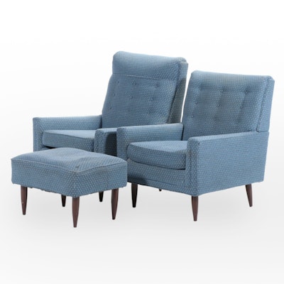 Two Mid Century Modern Buttoned-Down Lounge Chairs with Ottoman