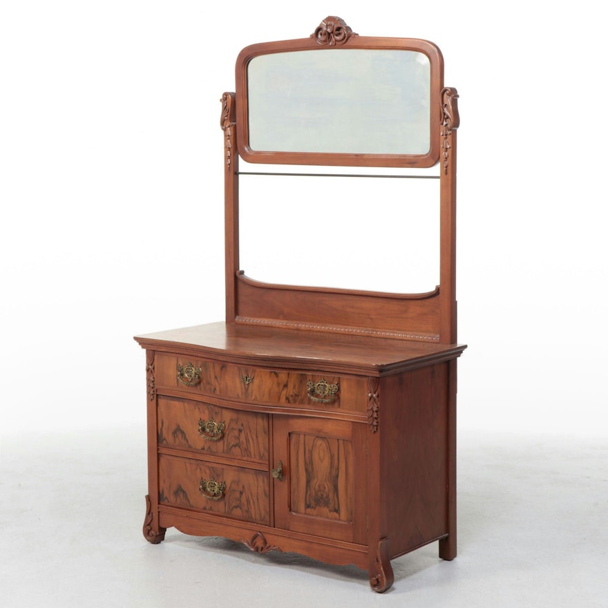 Victorian Walnut and Burl Wood Washstand with Mirror, Late 19th/ Early 20th C.