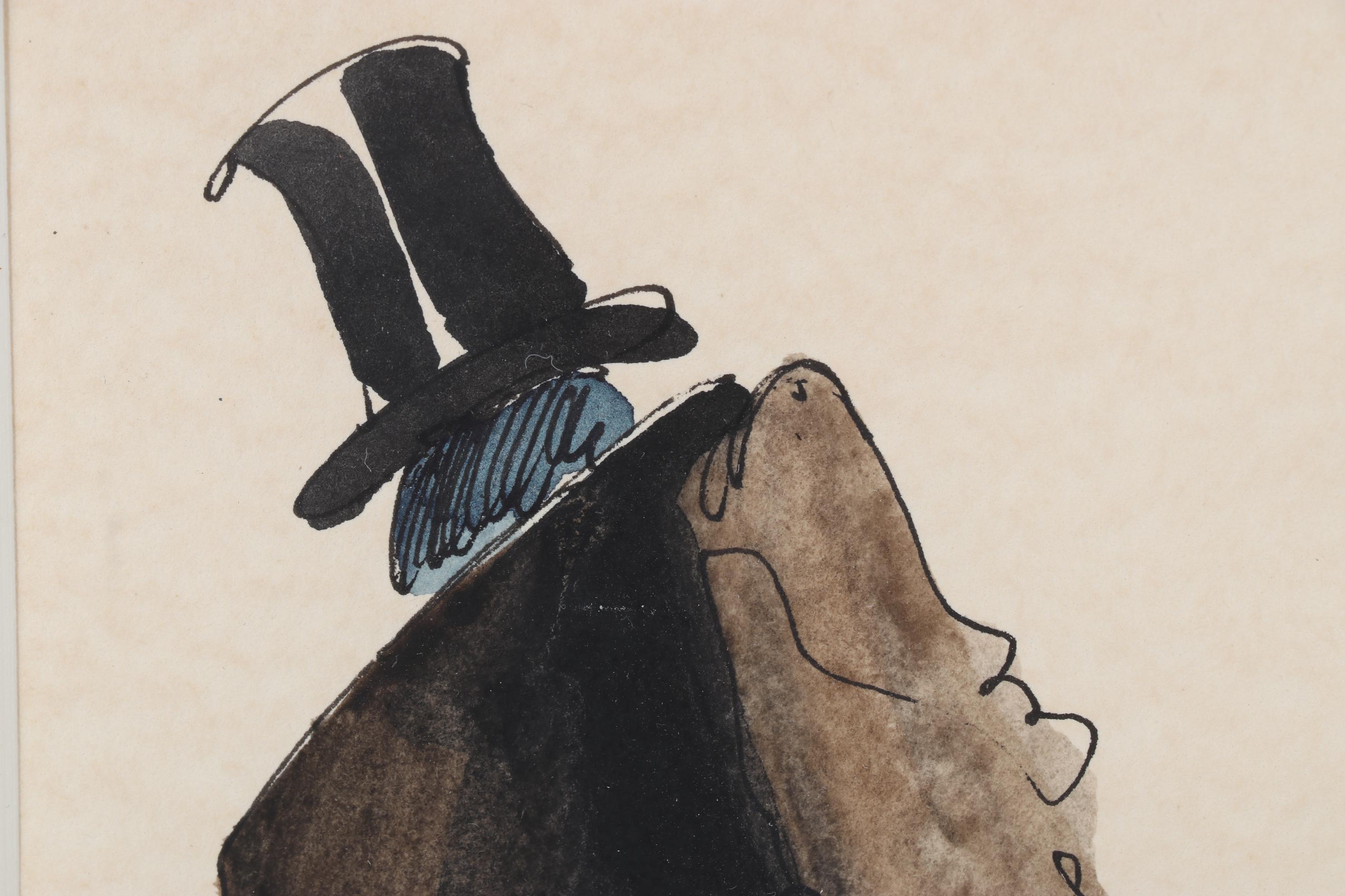 Leo Meiersdorff Ink and Watercolor Painting of Man Carrying Parasol