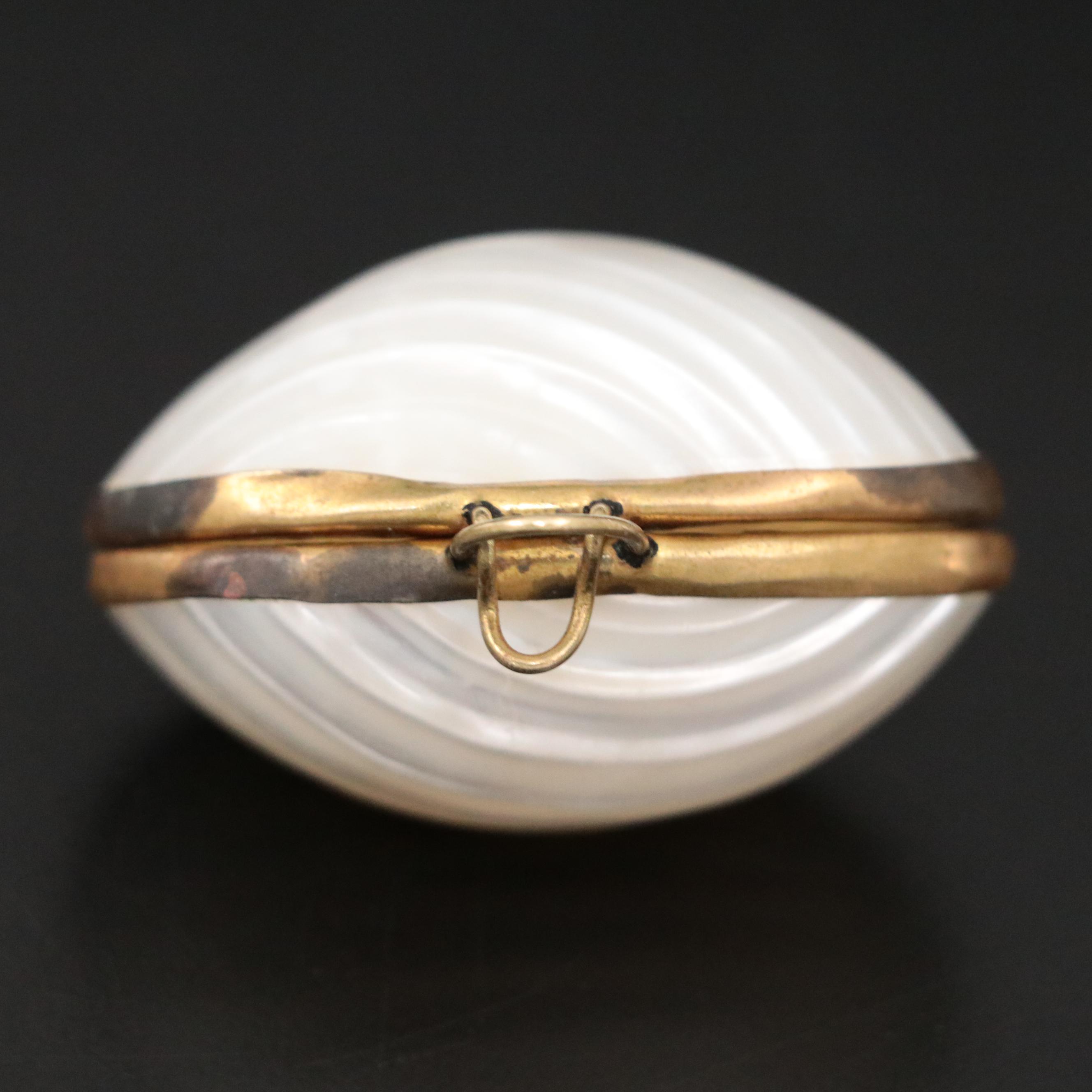 Victorian Style Brass Mother of Pearl Thimble Holder Box with 900 Silver Thimble