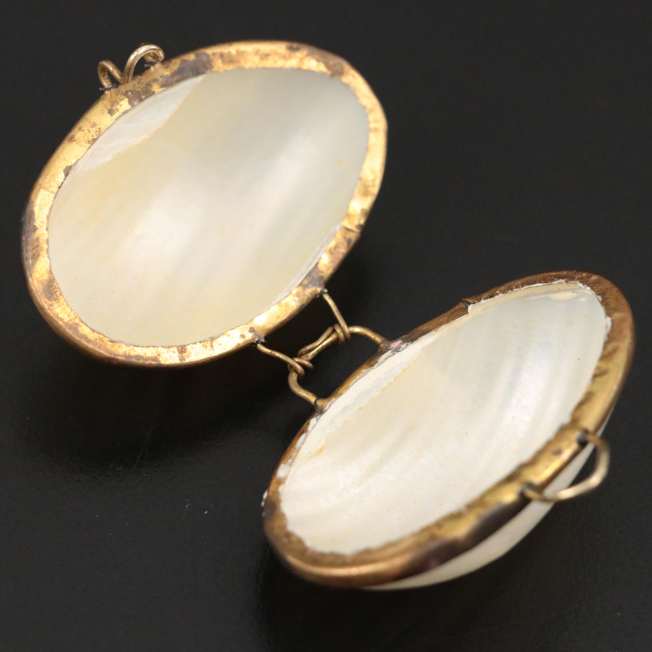 Victorian Style Brass Mother of Pearl Thimble Holder Box with 900 Silver Thimble