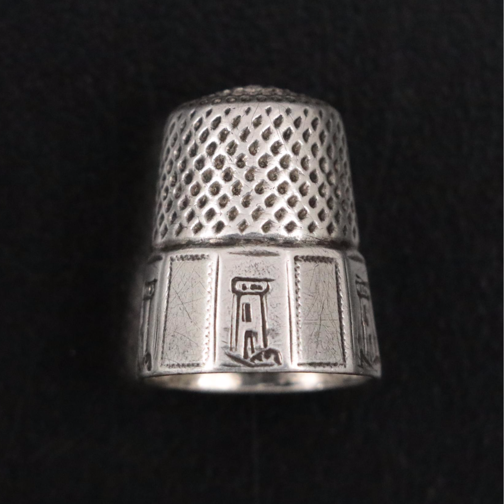 Victorian Style Brass Mother of Pearl Thimble Holder Box with 900 Silver Thimble