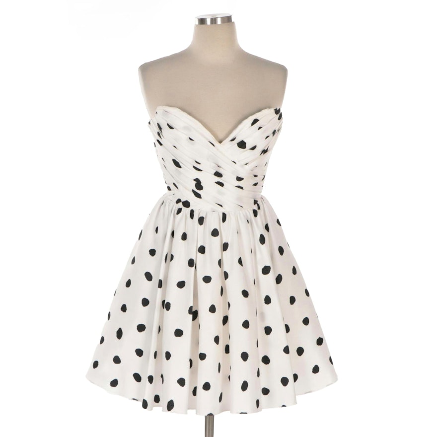 Sherri Hill Pleated/Flared Strapless Cocktail Dress in B&W Dot Print Polyester
