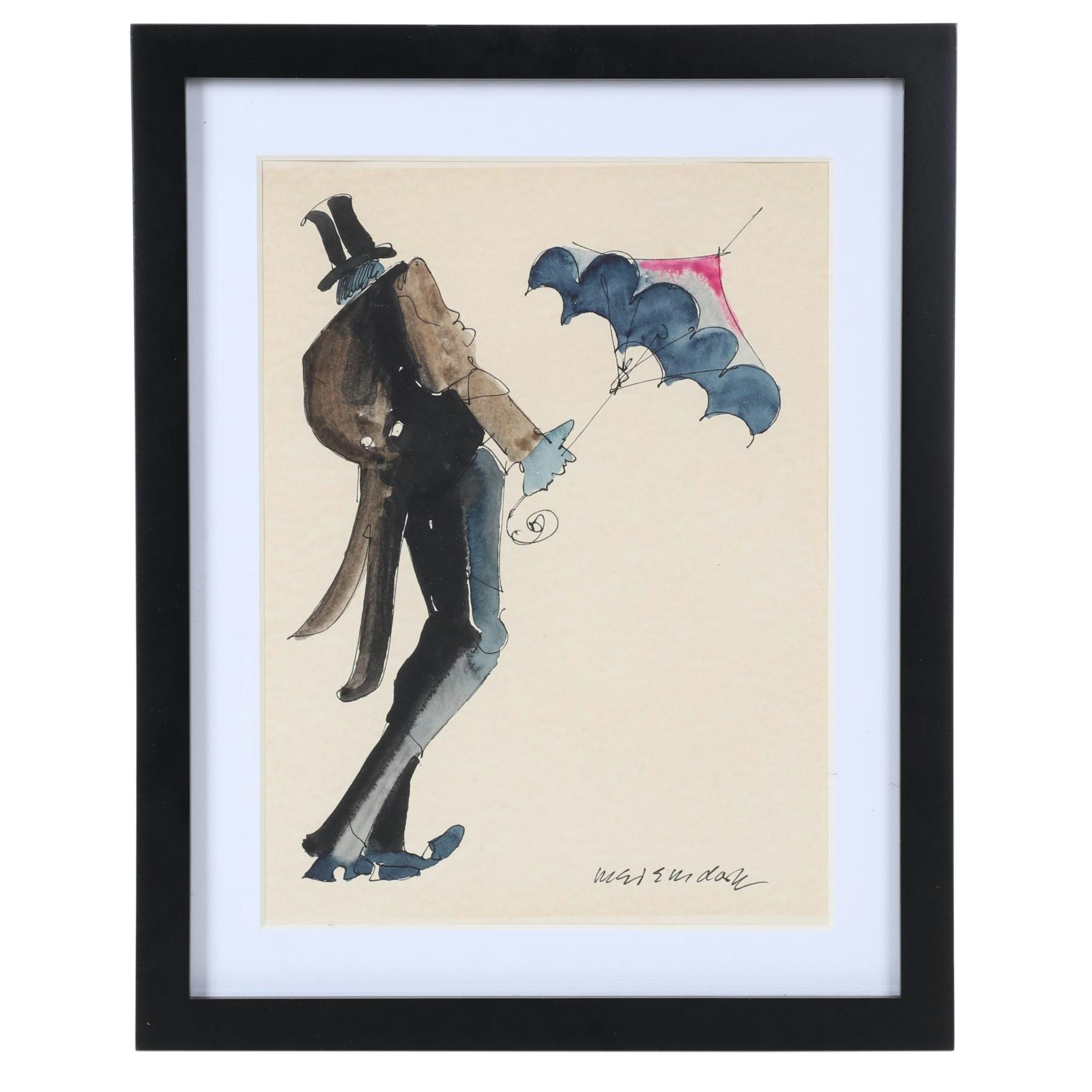 Leo Meiersdorff Ink and Watercolor Painting of Man Carrying Parasol