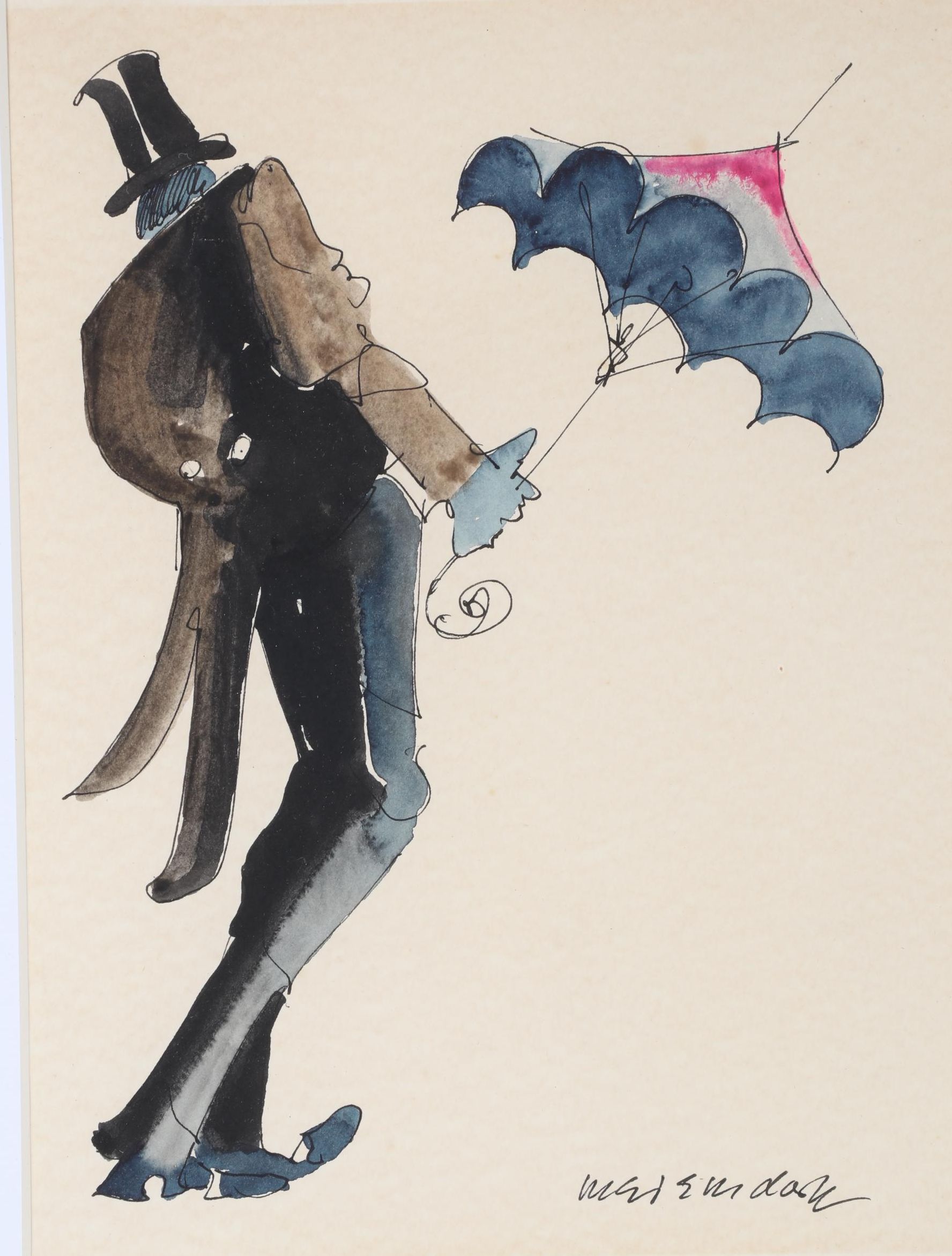 Leo Meiersdorff Ink and Watercolor Painting of Man Carrying Parasol