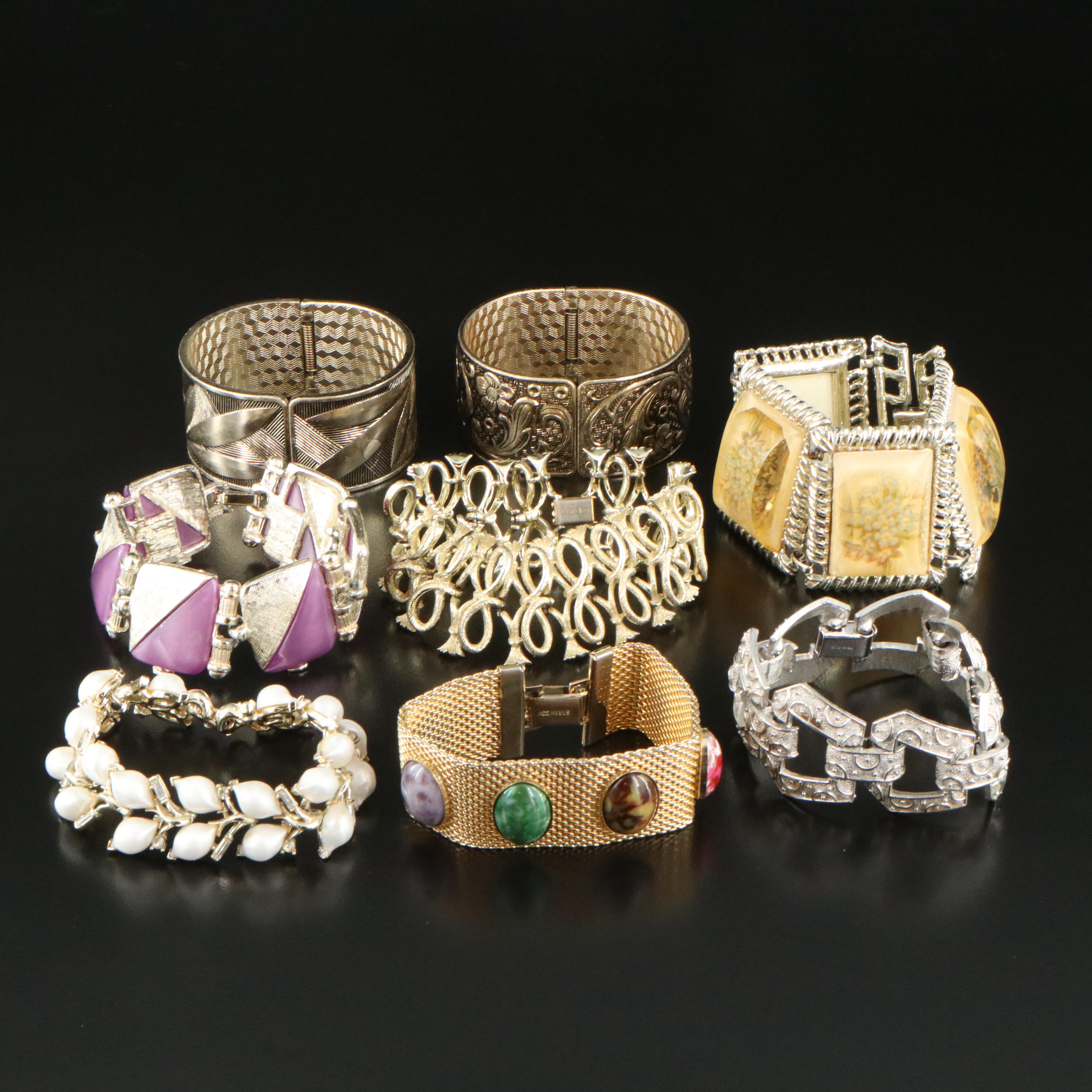 Vintage Bracelets Including Crown Trifari, Rhinestones and Faux Pearl