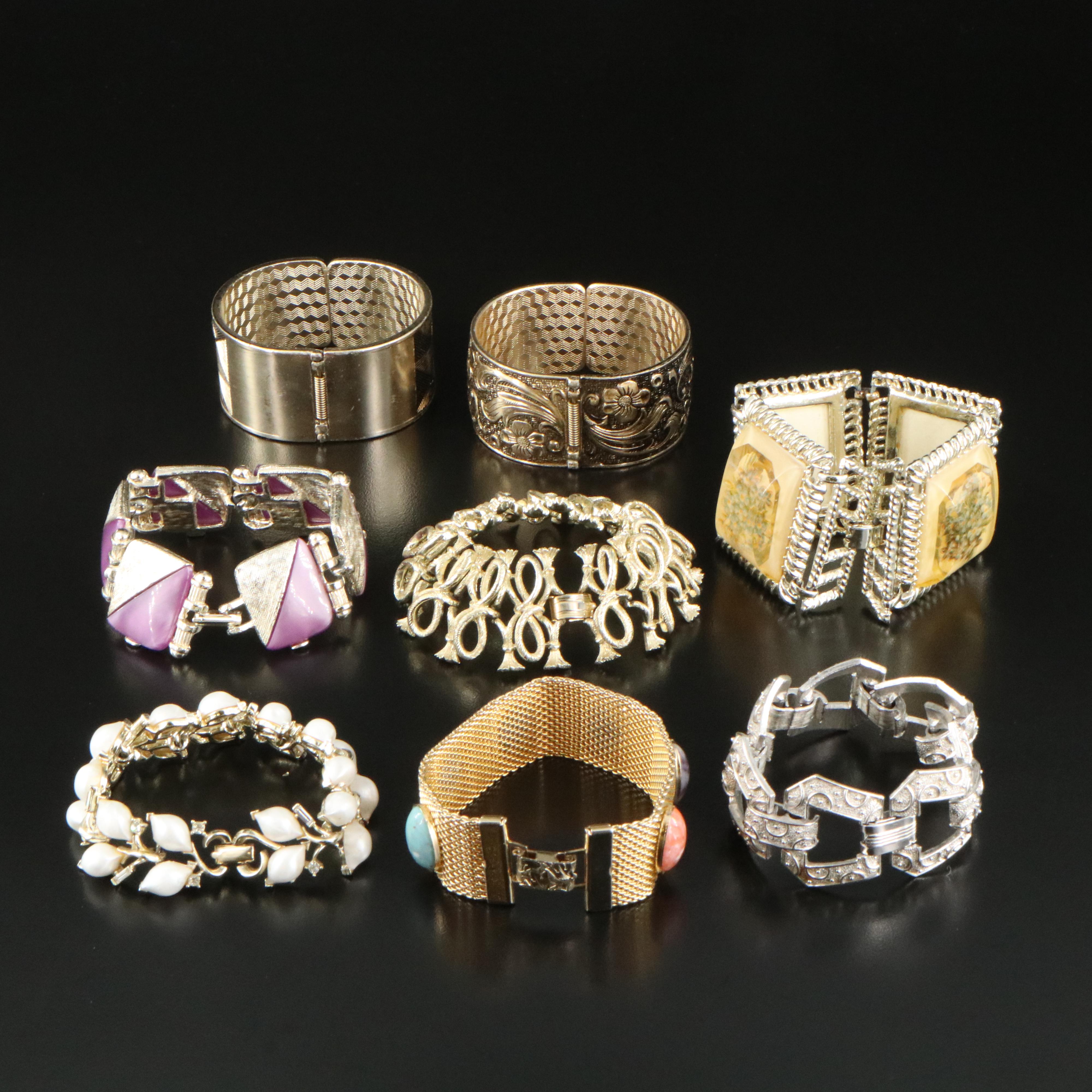 Vintage Bracelets Including Crown Trifari, Rhinestones and Faux Pearl