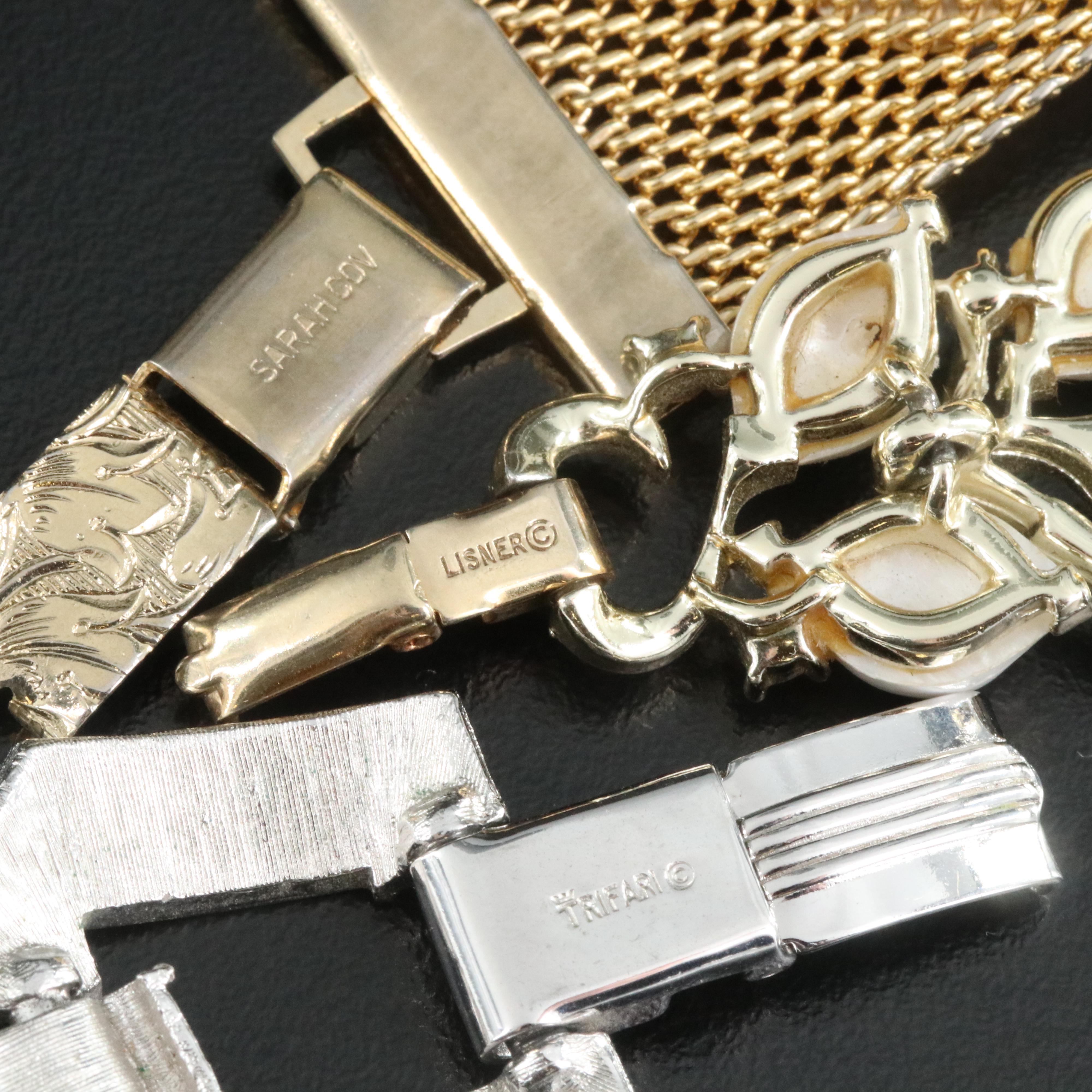 Vintage Bracelets Including Crown Trifari, Rhinestones and Faux Pearl