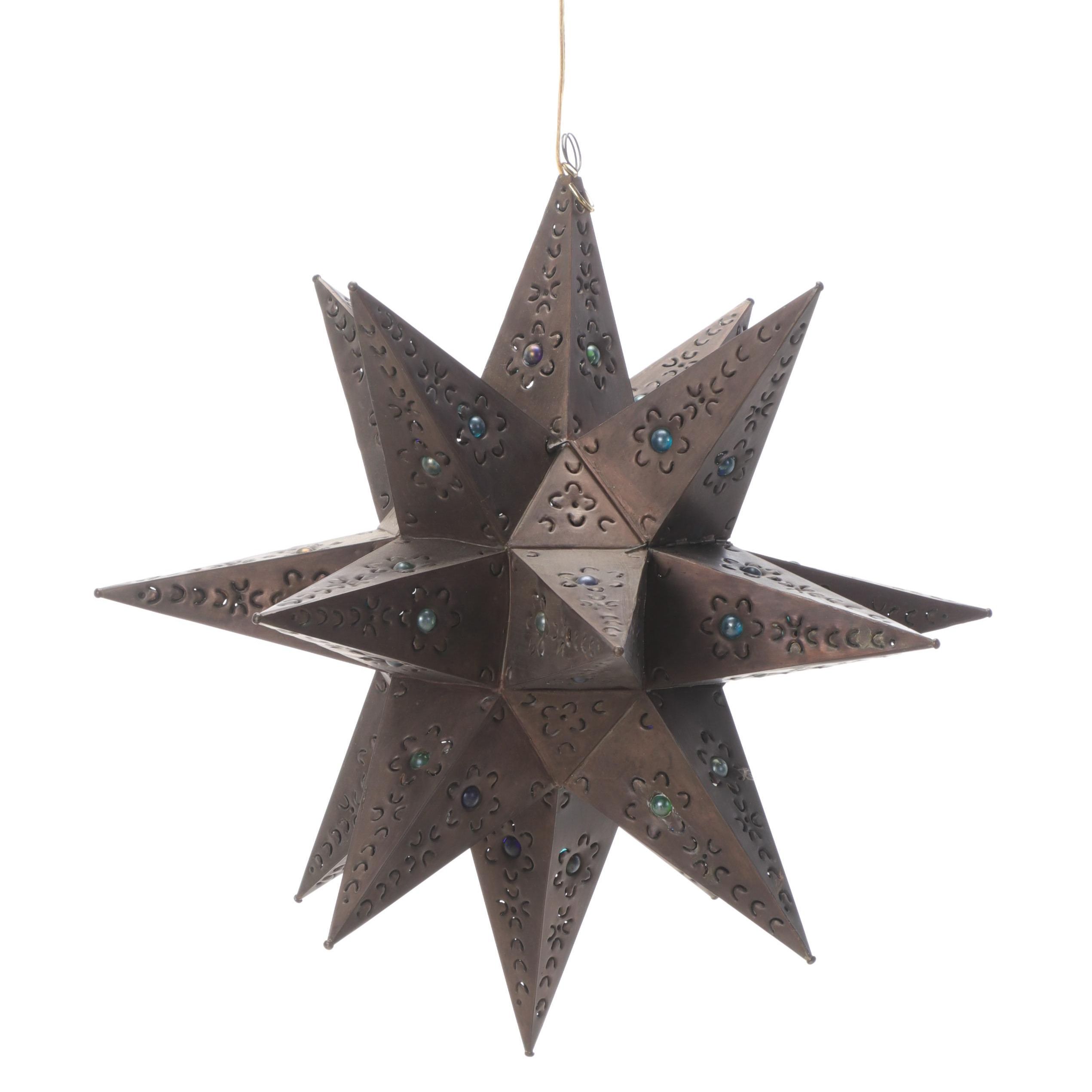 Pierced Tin Moravian Star Pendant Light with Inset Glass Marbles