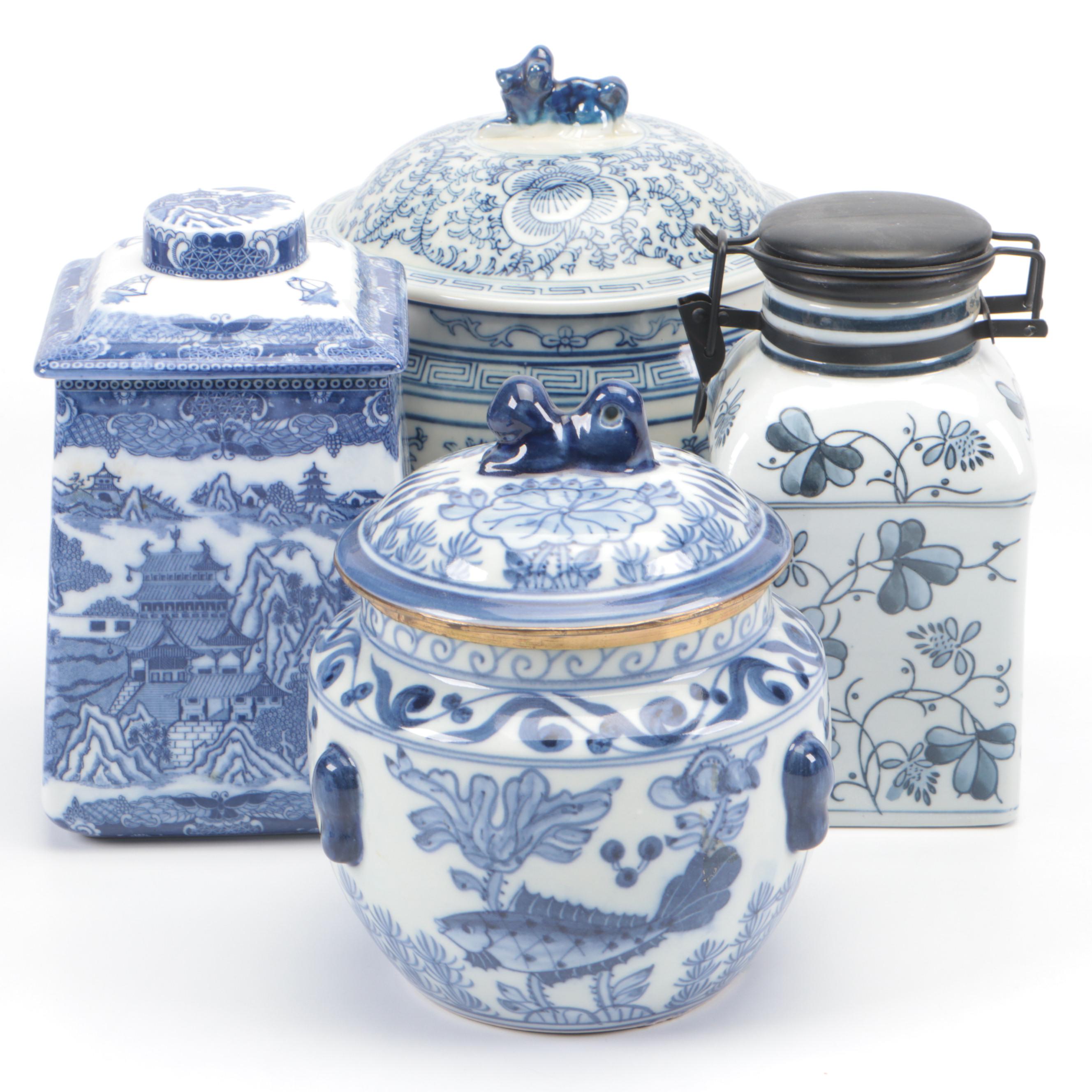 Ringtons Limited Tea Merchants and More Blue and White Ceramic Lidded Canisters