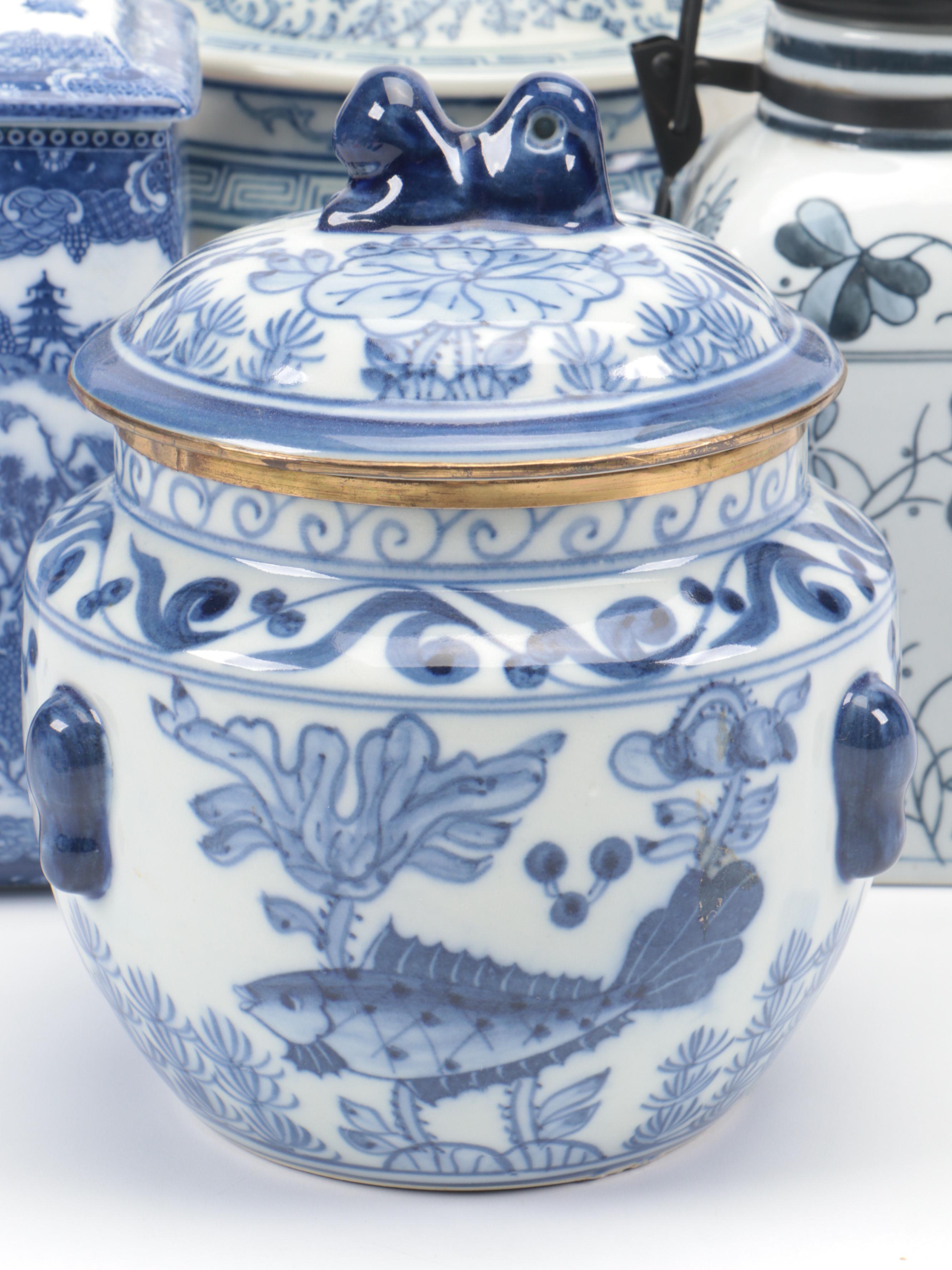 Ringtons Limited Tea Merchants and More Blue and White Ceramic Lidded Canisters