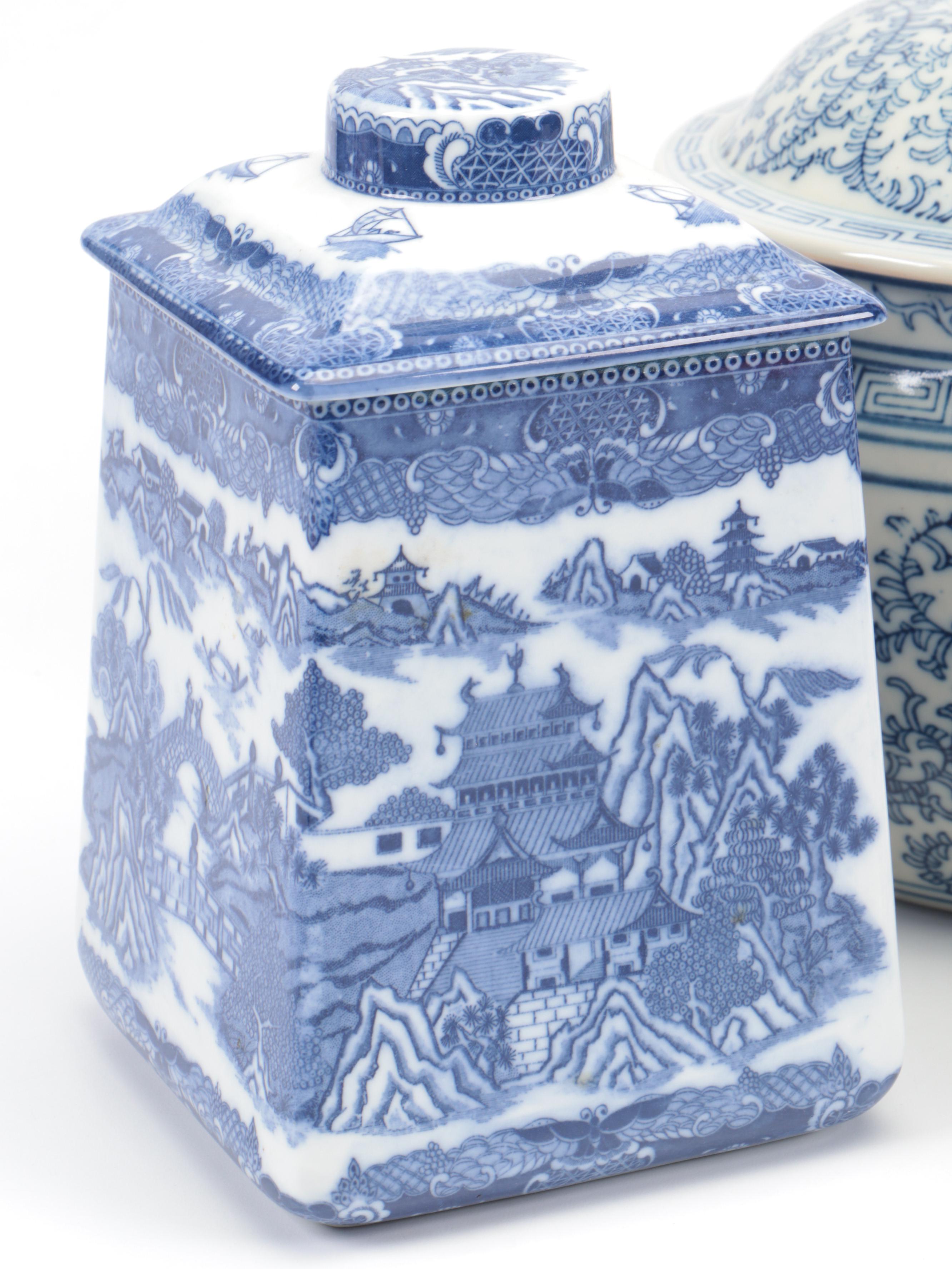 Ringtons Limited Tea Merchants and More Blue and White Ceramic Lidded Canisters