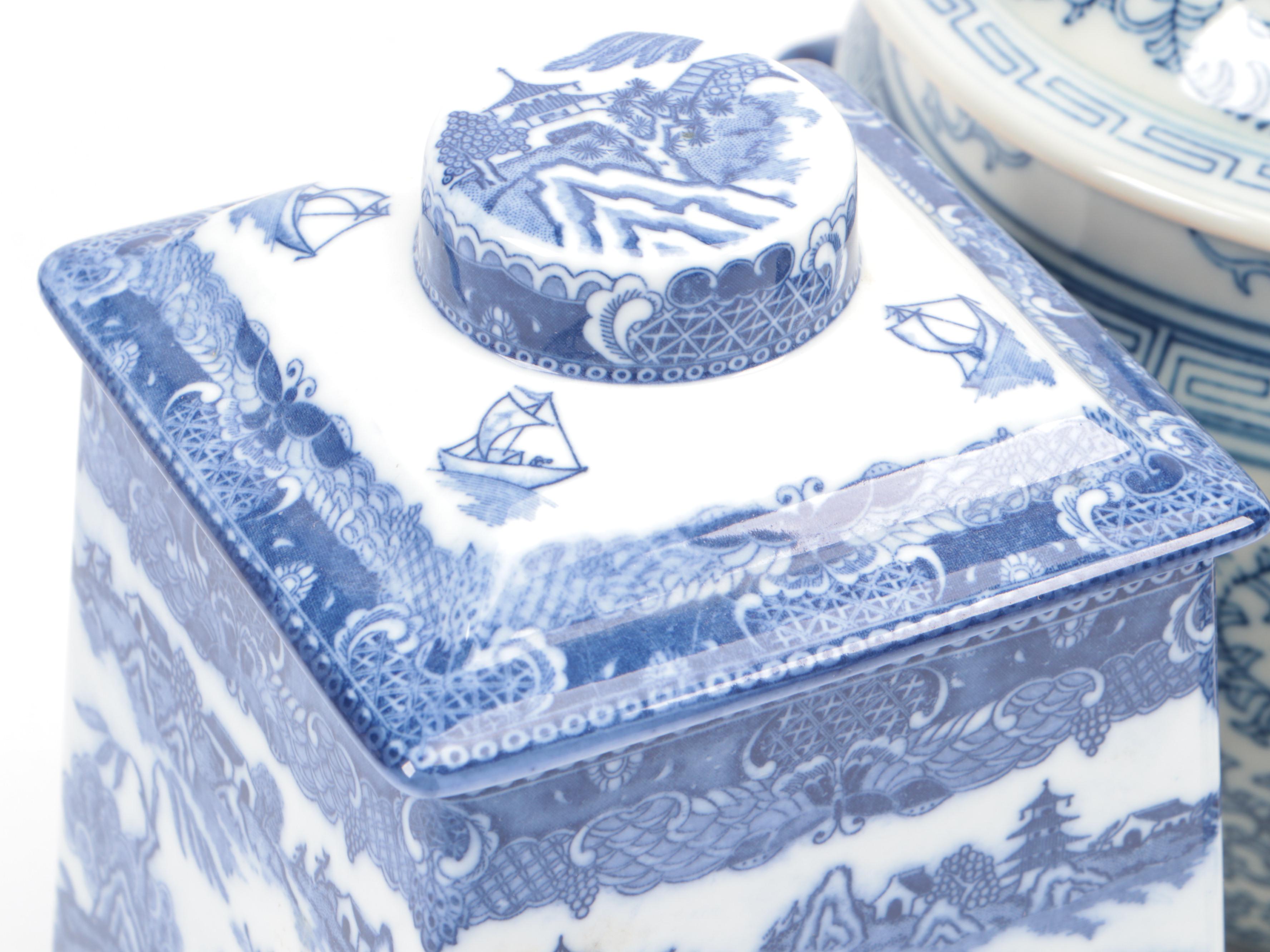 Ringtons Limited Tea Merchants and More Blue and White Ceramic Lidded Canisters