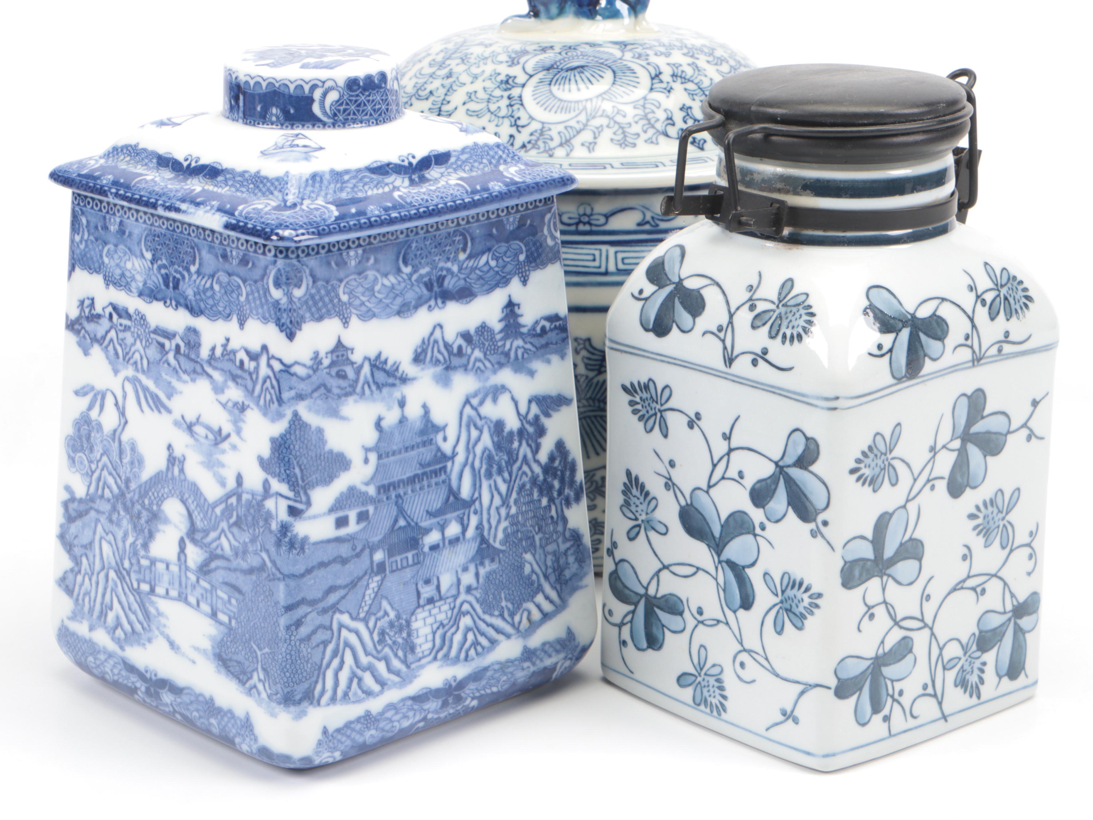 Ringtons Limited Tea Merchants and More Blue and White Ceramic Lidded Canisters