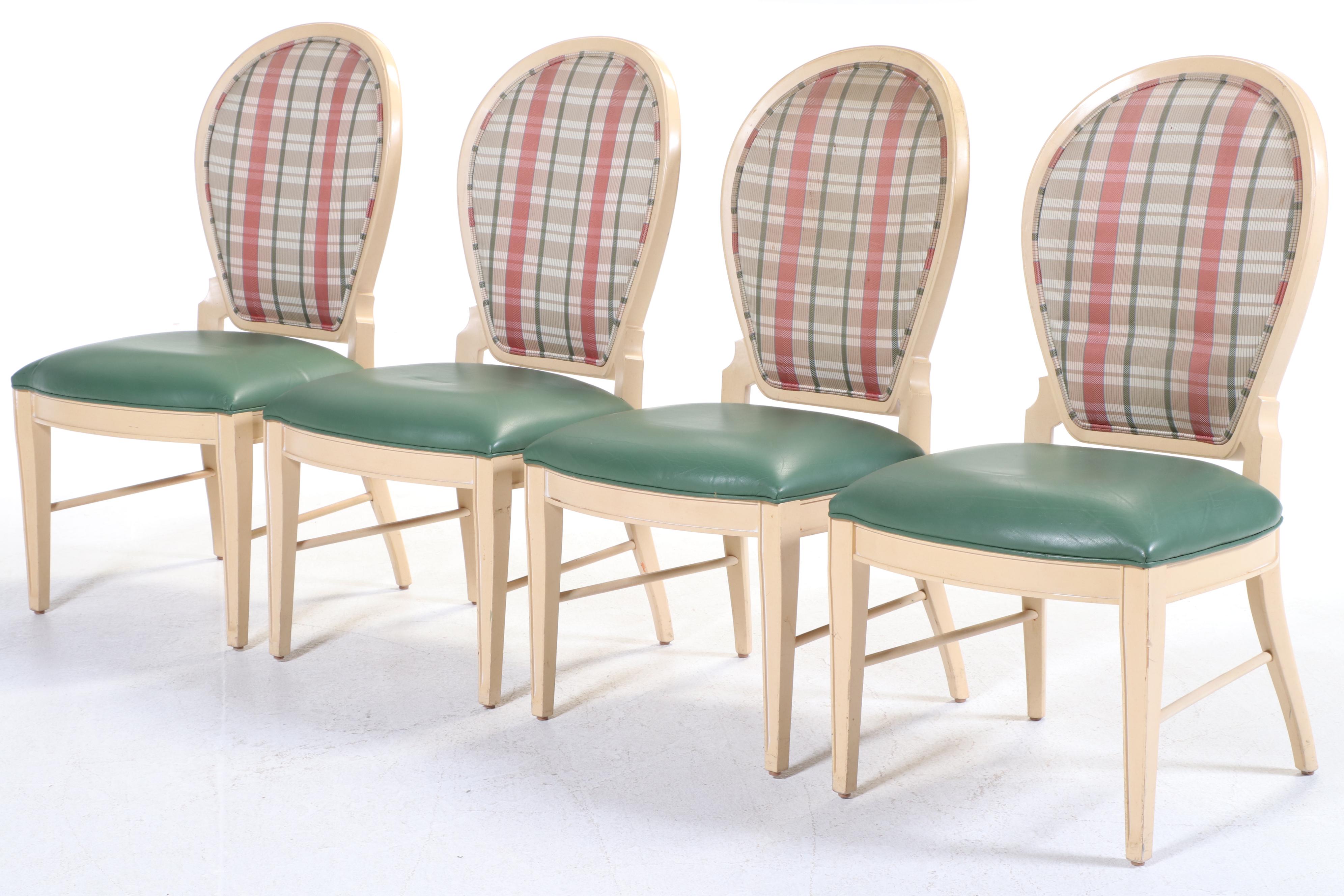Six Century Furniture Buff-Painted, Plaid, and Green Leather Dining Chairs