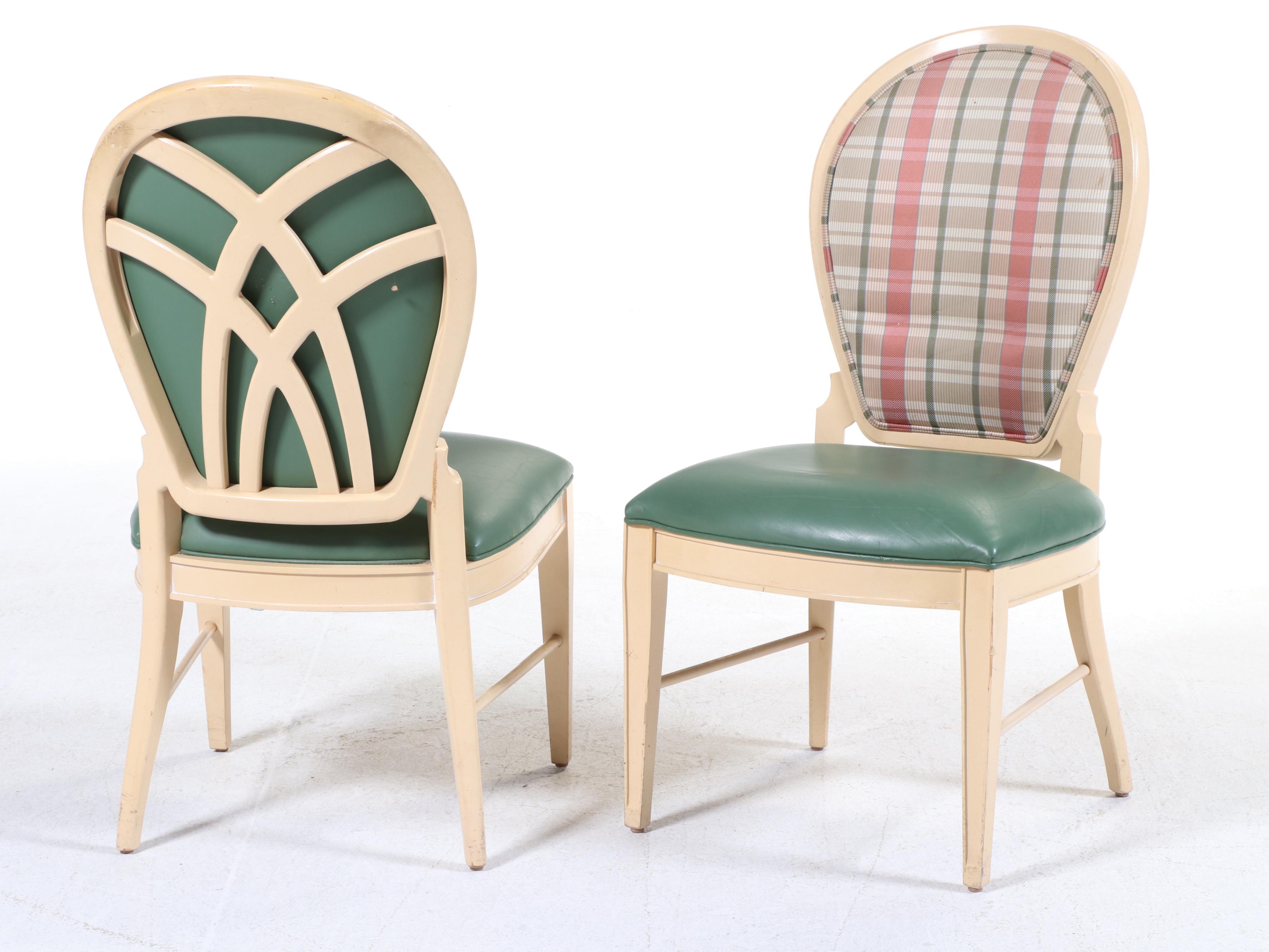 Six Century Furniture Buff-Painted, Plaid, and Green Leather Dining Chairs