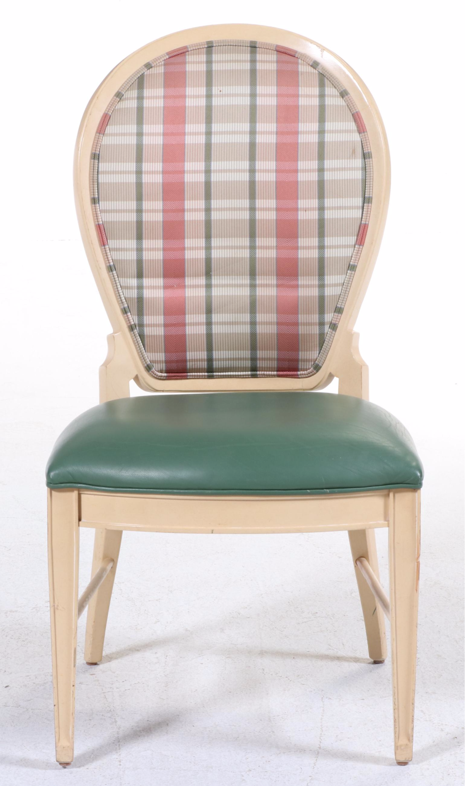 Six Century Furniture Buff-Painted, Plaid, and Green Leather Dining Chairs