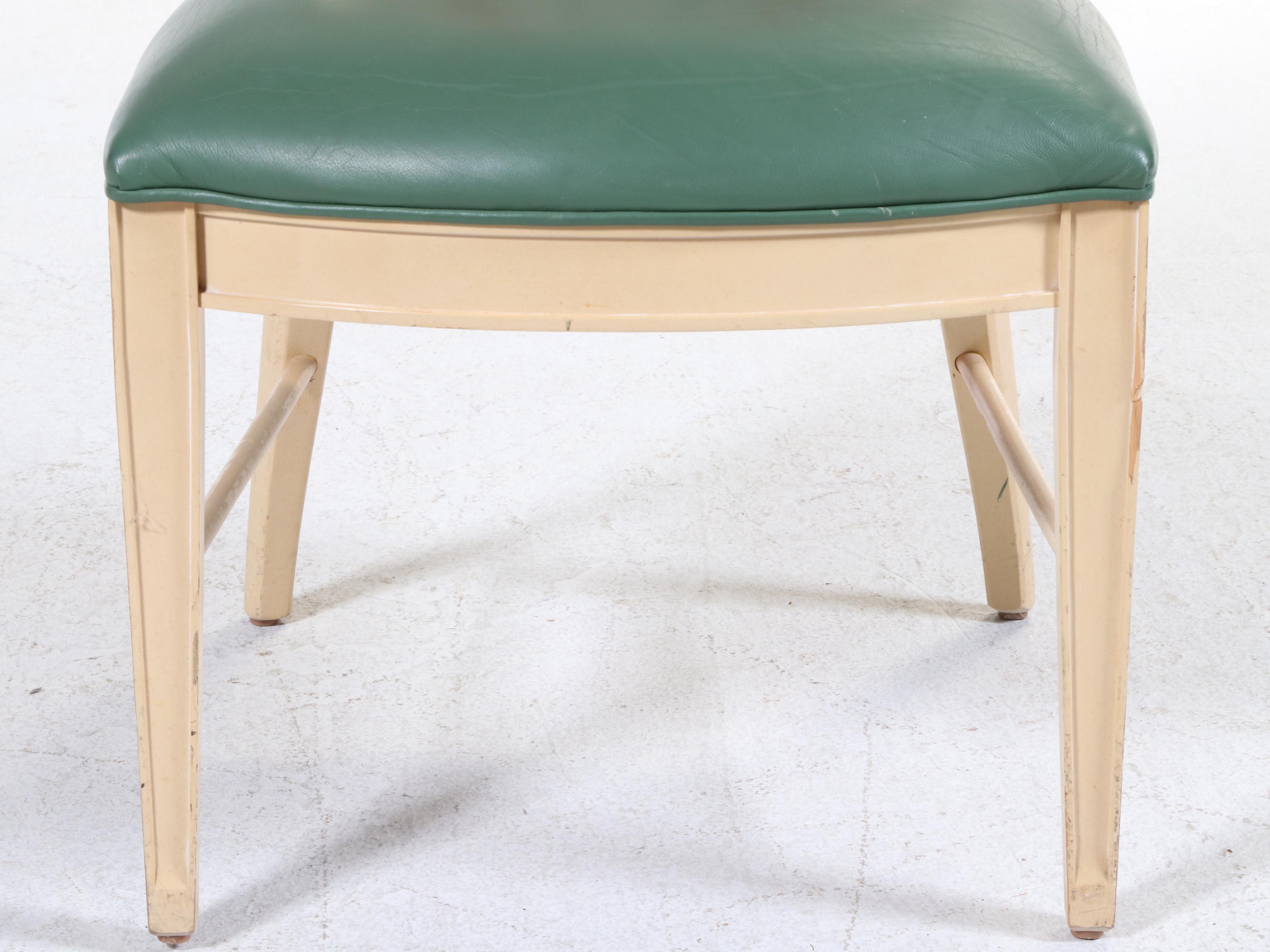 Six Century Furniture Buff-Painted, Plaid, and Green Leather Dining Chairs