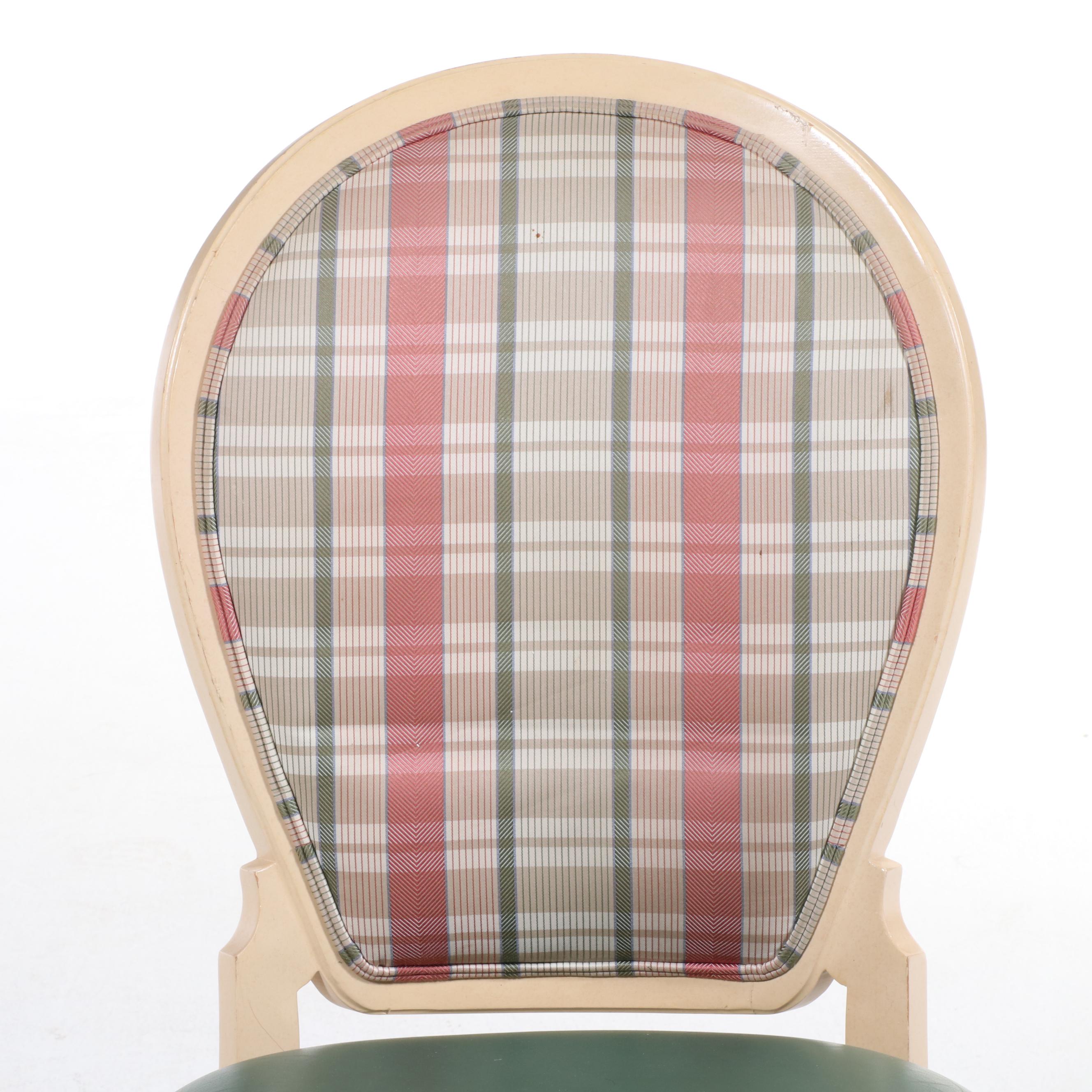 Six Century Furniture Buff-Painted, Plaid, and Green Leather Dining Chairs