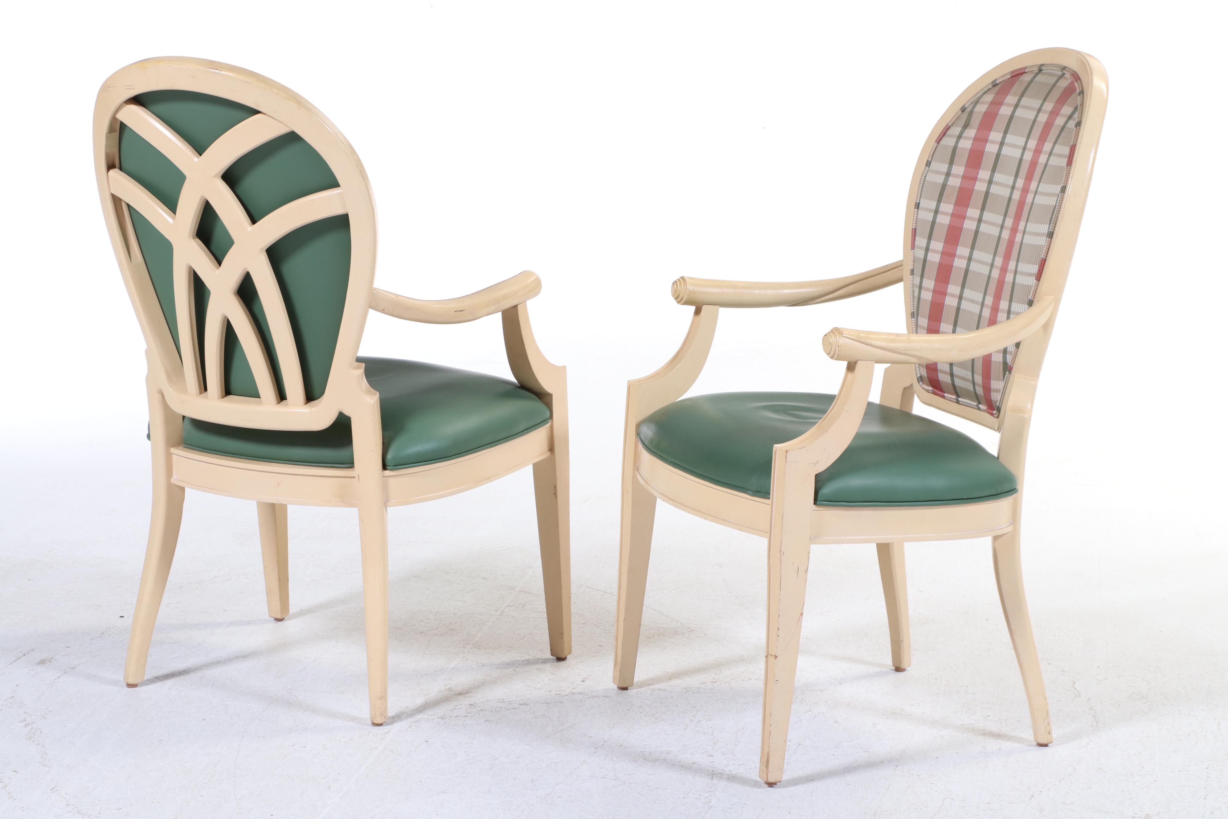 Six Century Furniture Buff-Painted, Plaid, and Green Leather Dining Chairs