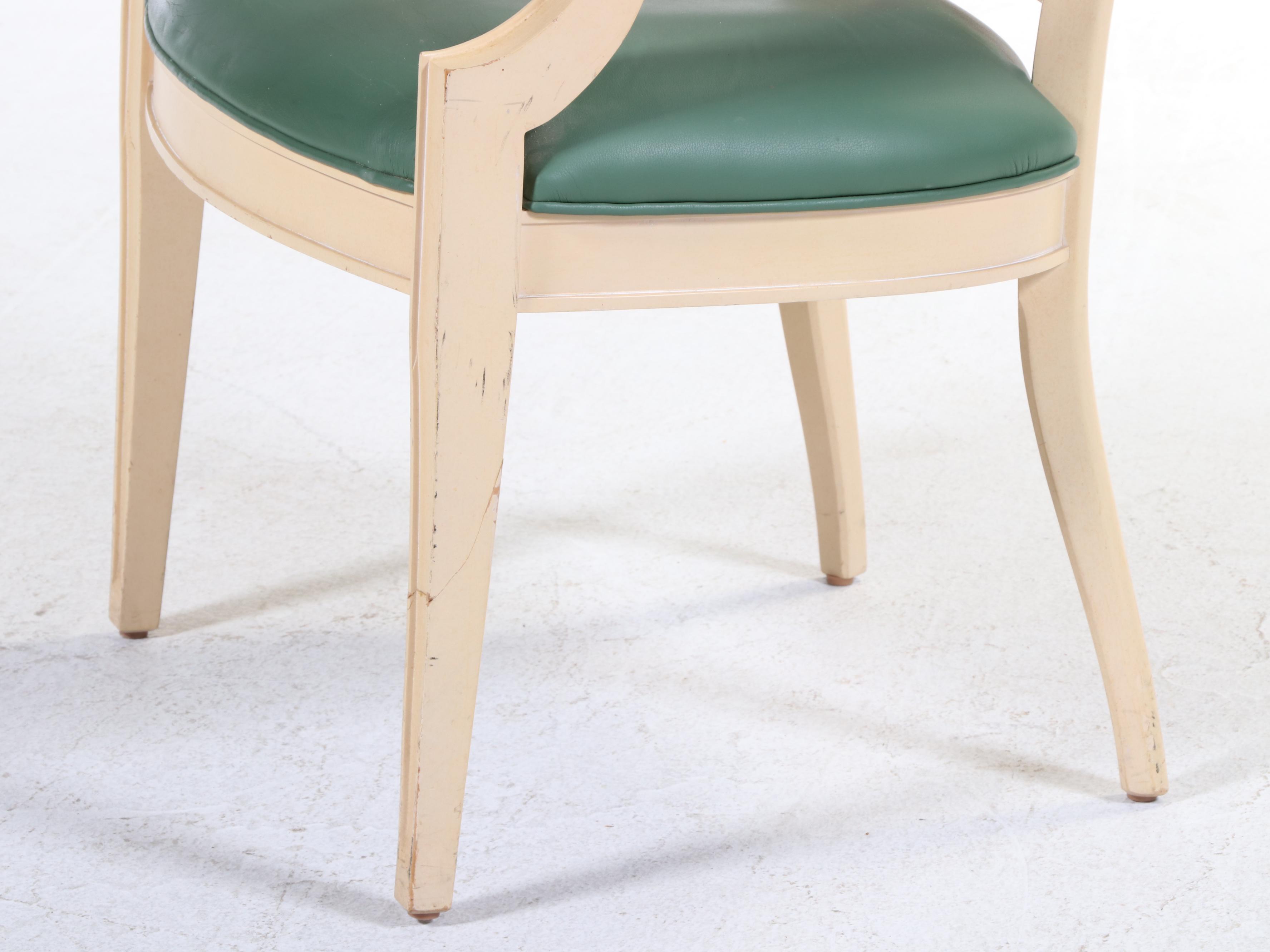 Six Century Furniture Buff-Painted, Plaid, and Green Leather Dining Chairs