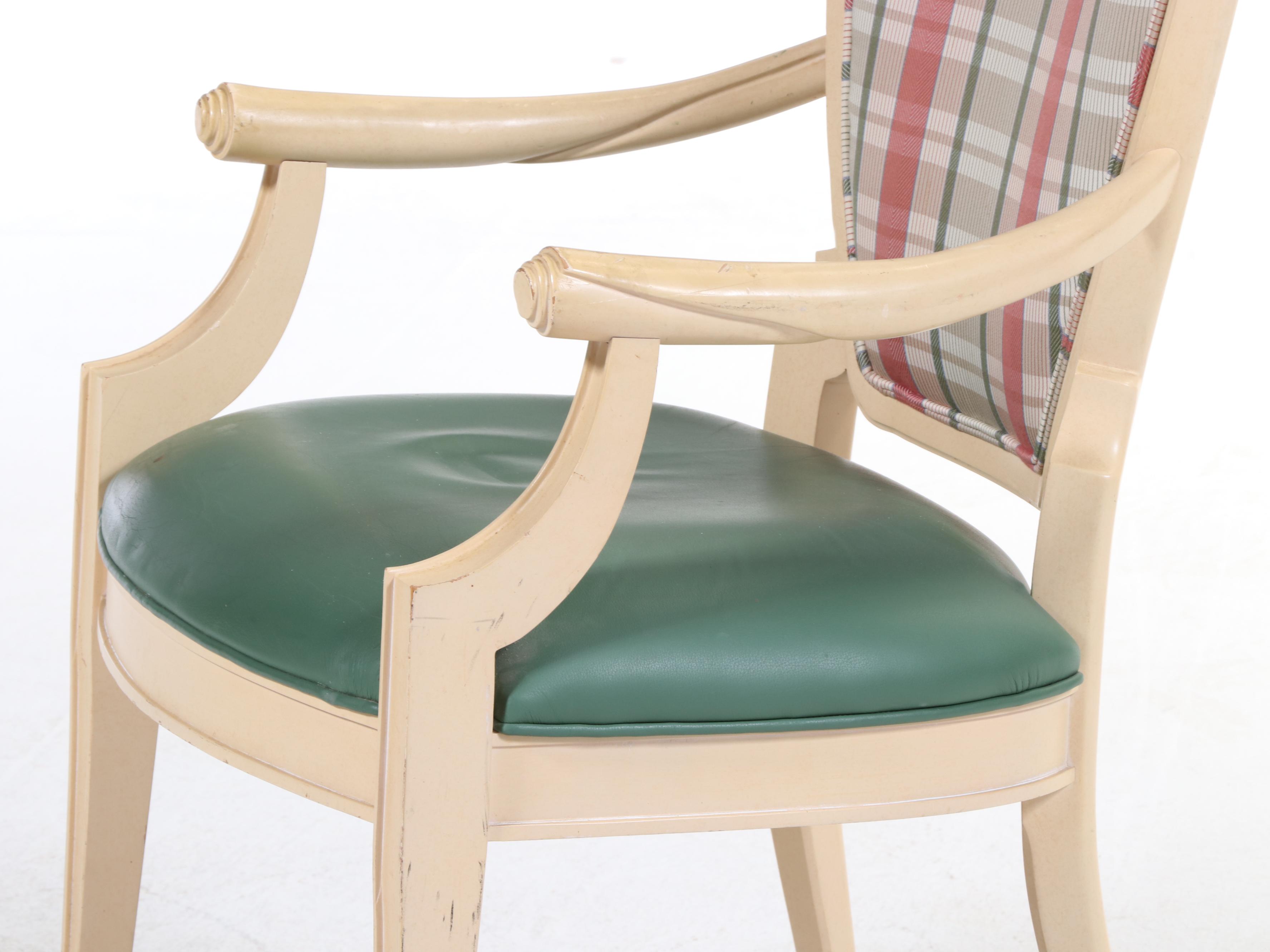 Six Century Furniture Buff-Painted, Plaid, and Green Leather Dining Chairs