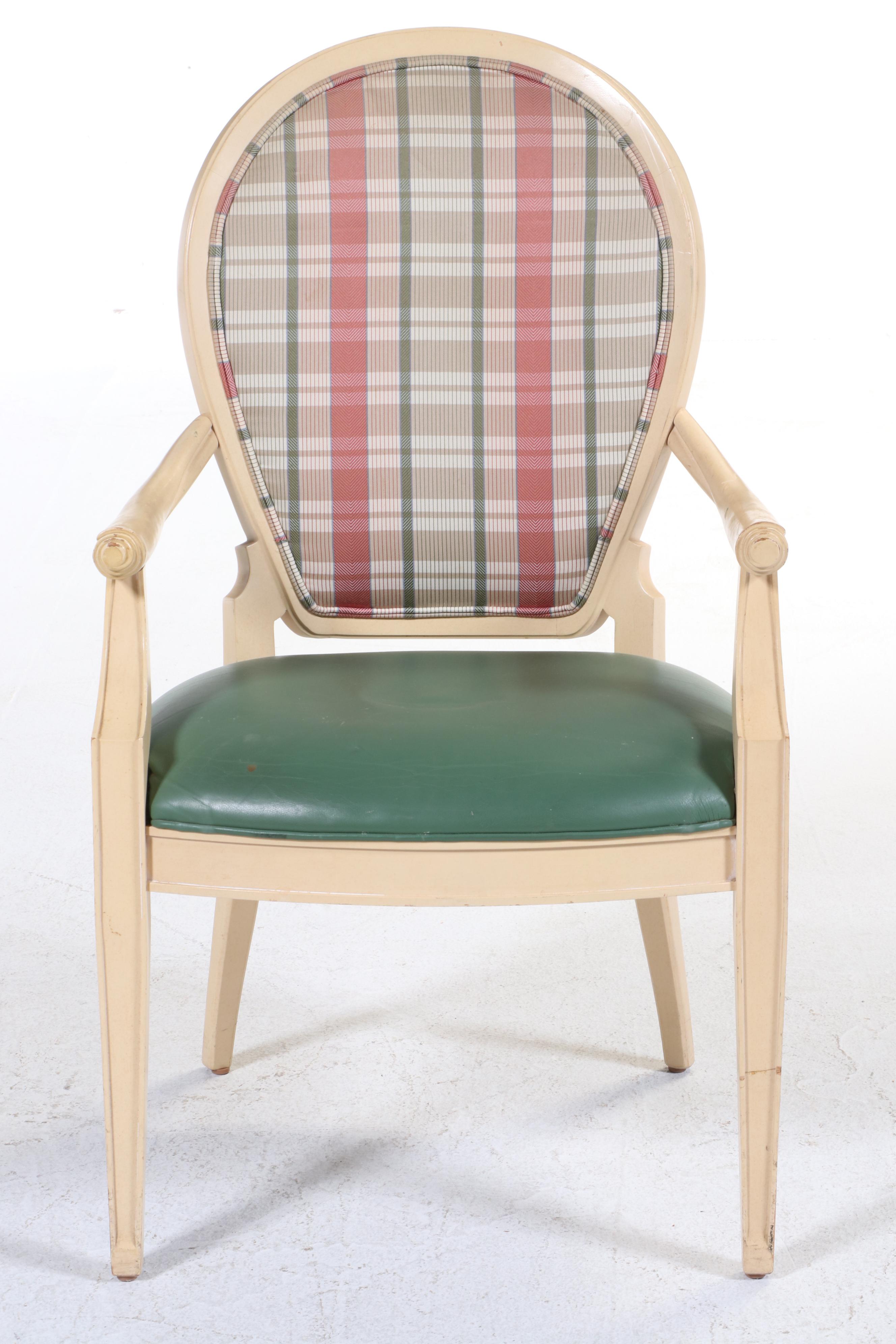 Six Century Furniture Buff-Painted, Plaid, and Green Leather Dining Chairs