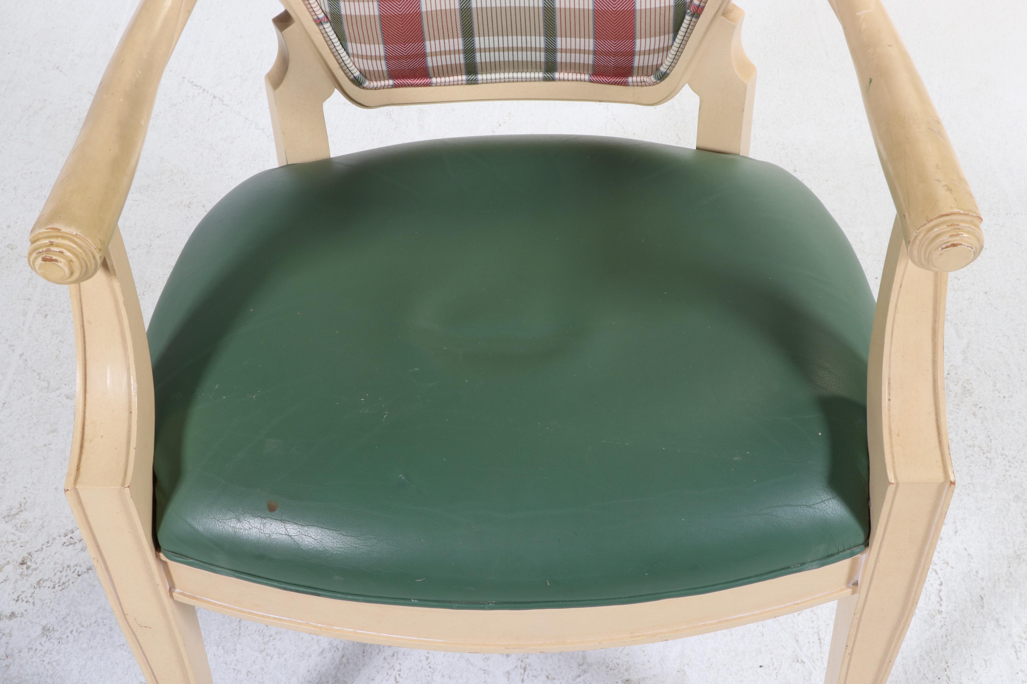 Six Century Furniture Buff-Painted, Plaid, and Green Leather Dining Chairs