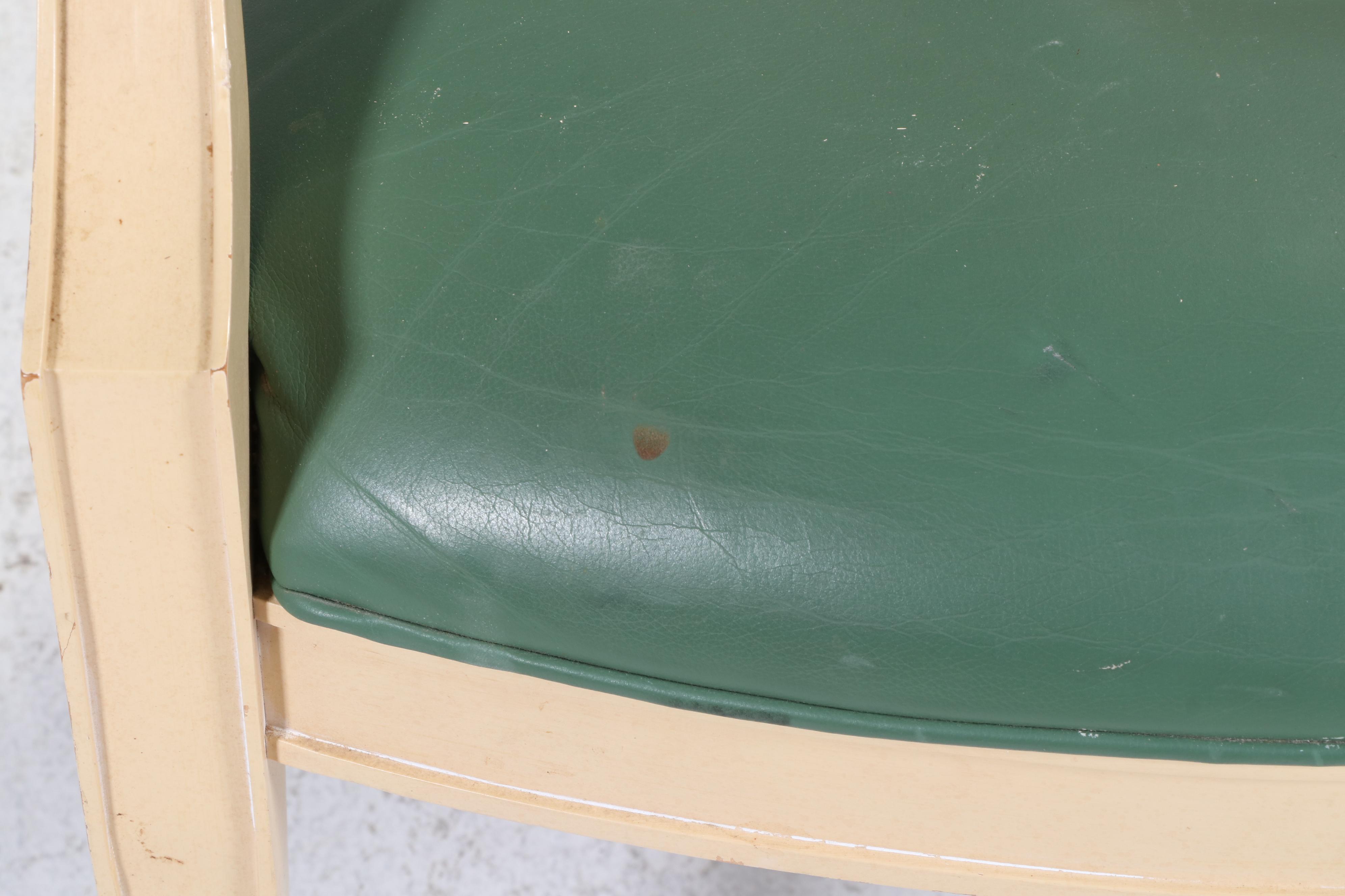 Six Century Furniture Buff-Painted, Plaid, and Green Leather Dining Chairs