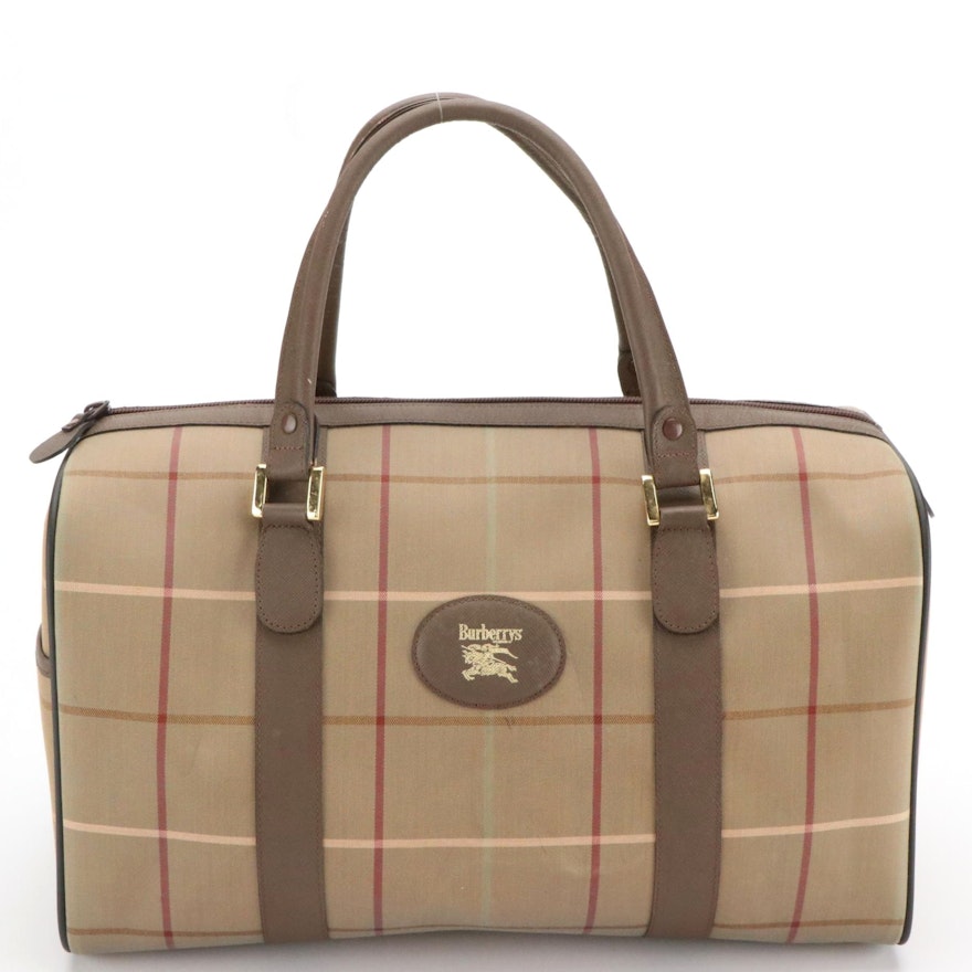 Burberrys Travel Duffel in Windowpane Plaid Canvas with Leather Trim