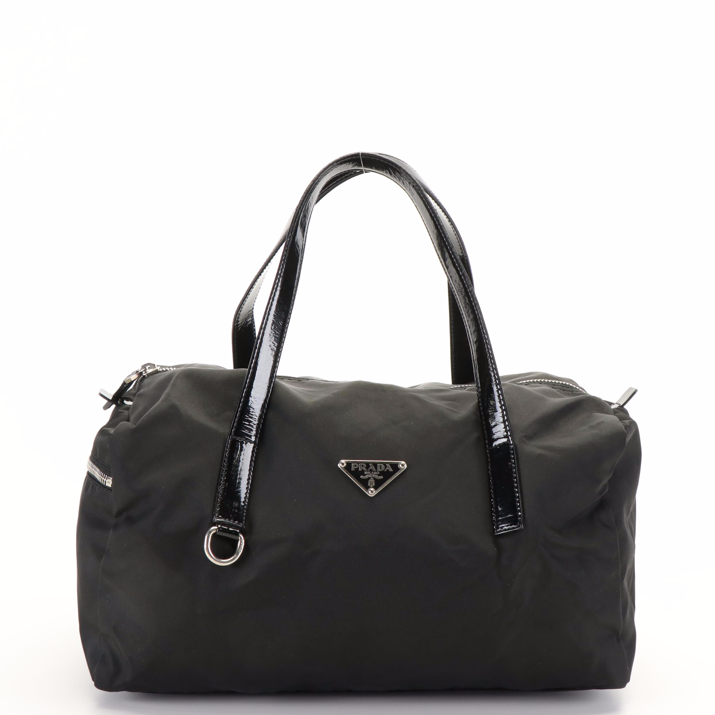 Prada Triangle Logo Tessuto Black Nylon Patent Leather Mini Boston Bag
