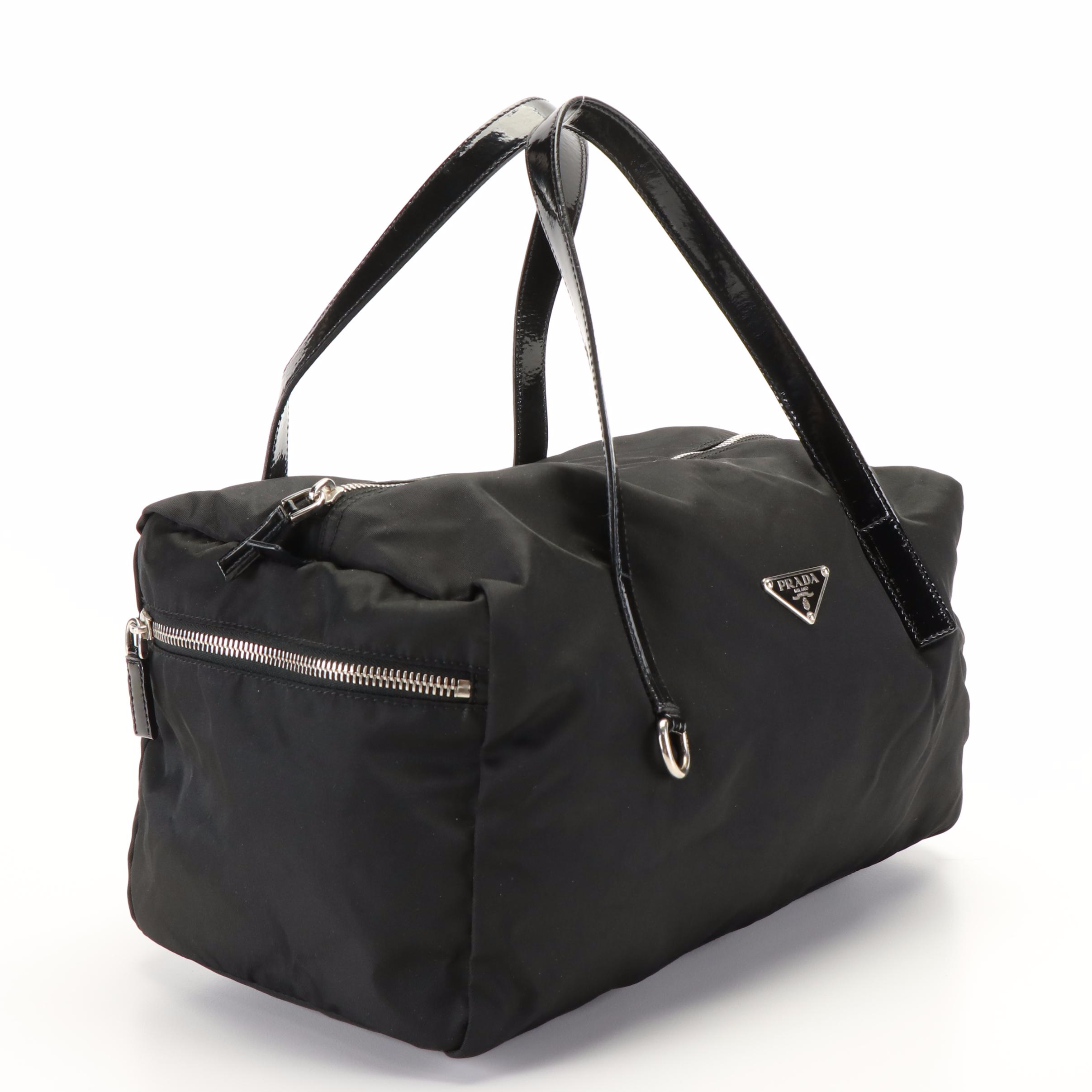 Prada Triangle Logo Tessuto Black Nylon Patent Leather Mini Boston Bag