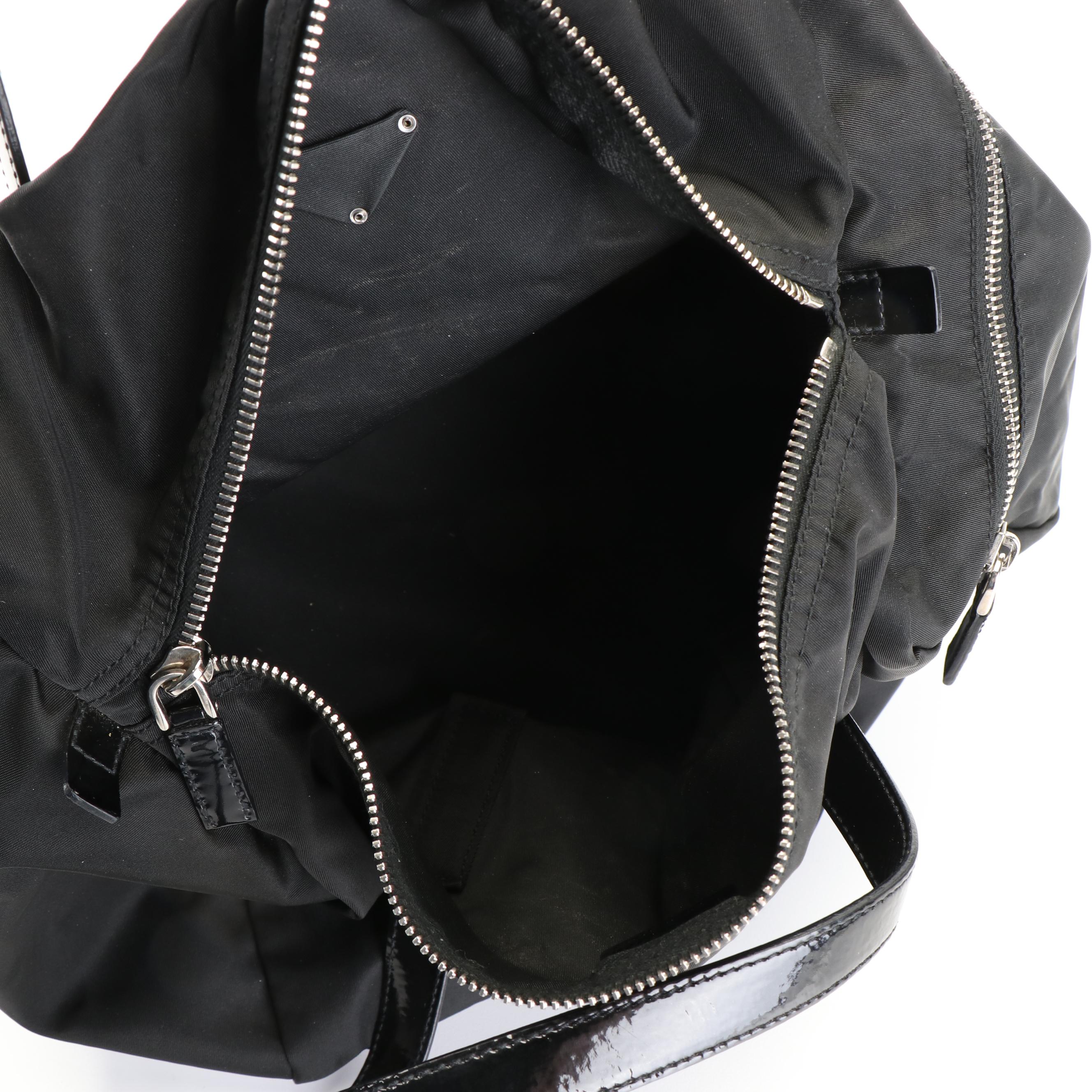 Prada Triangle Logo Tessuto Black Nylon Patent Leather Mini Boston Bag