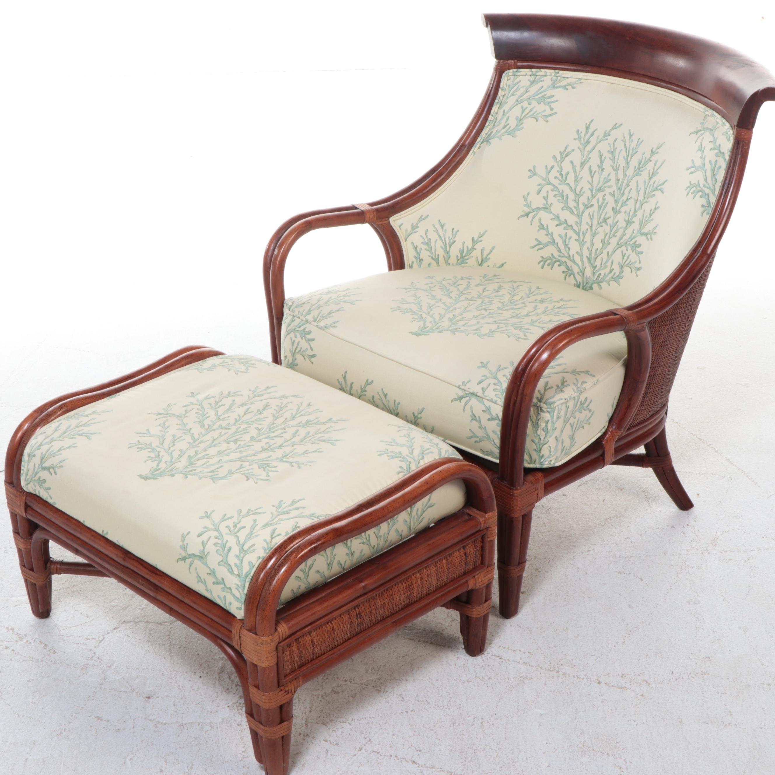 Braxton Culler Rattan, Hardwood, and Coral-Patterned Lounge Chair and Ottoman