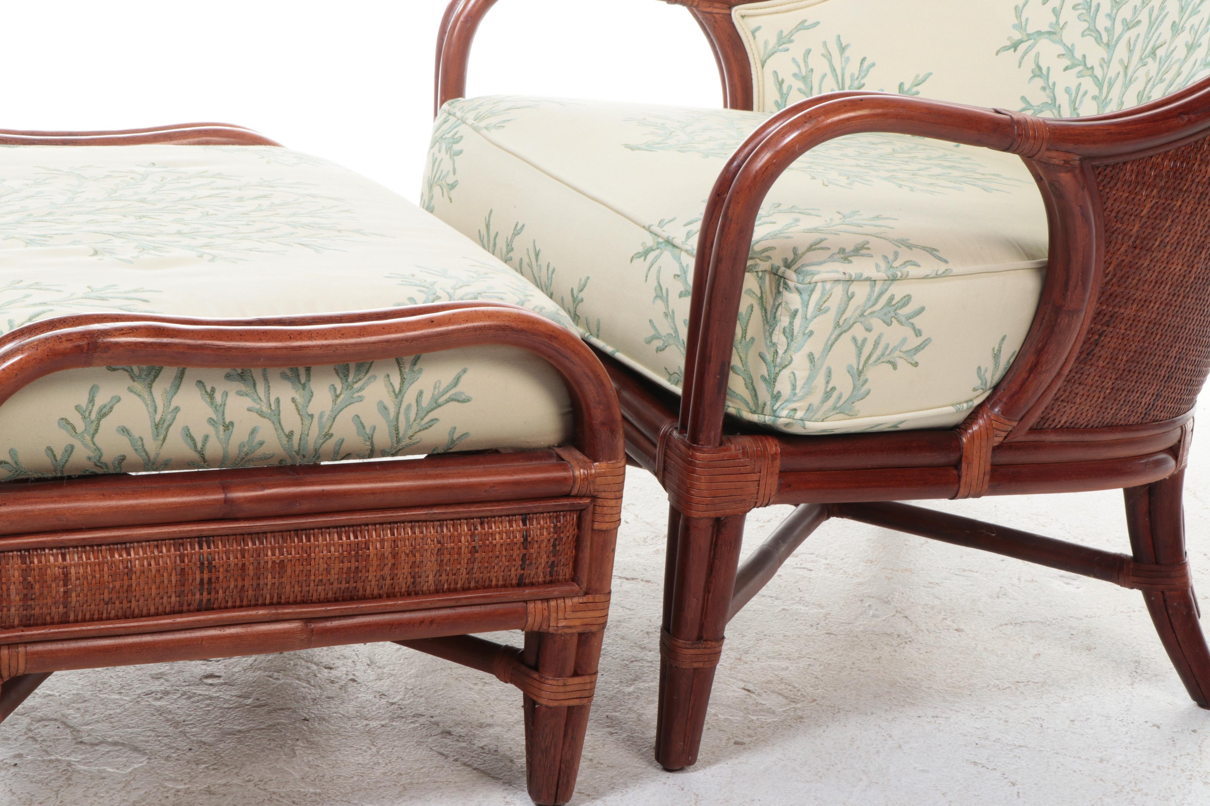 Braxton Culler Rattan, Hardwood, and Coral-Patterned Lounge Chair and Ottoman