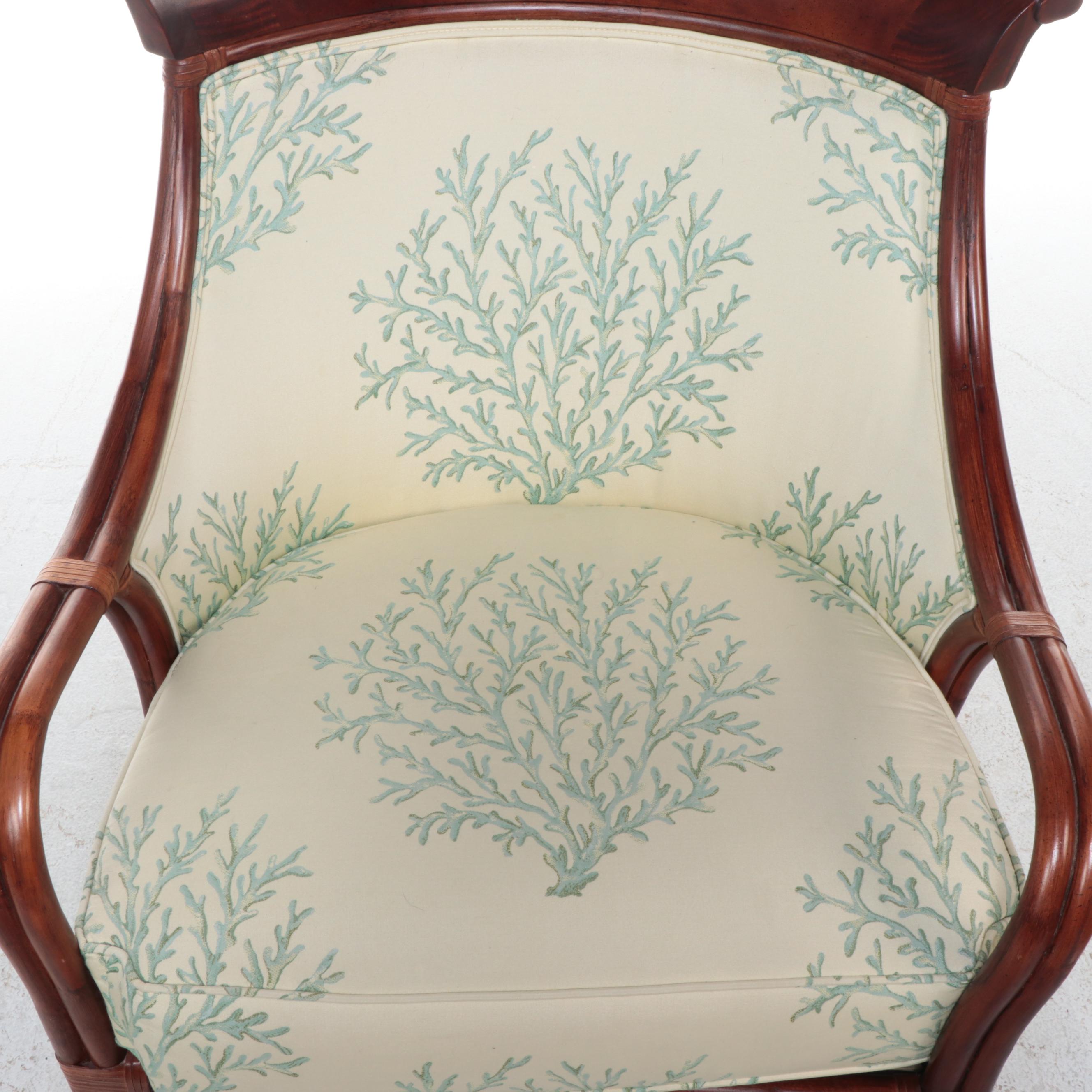 Braxton Culler Rattan, Hardwood, and Coral-Patterned Lounge Chair and Ottoman