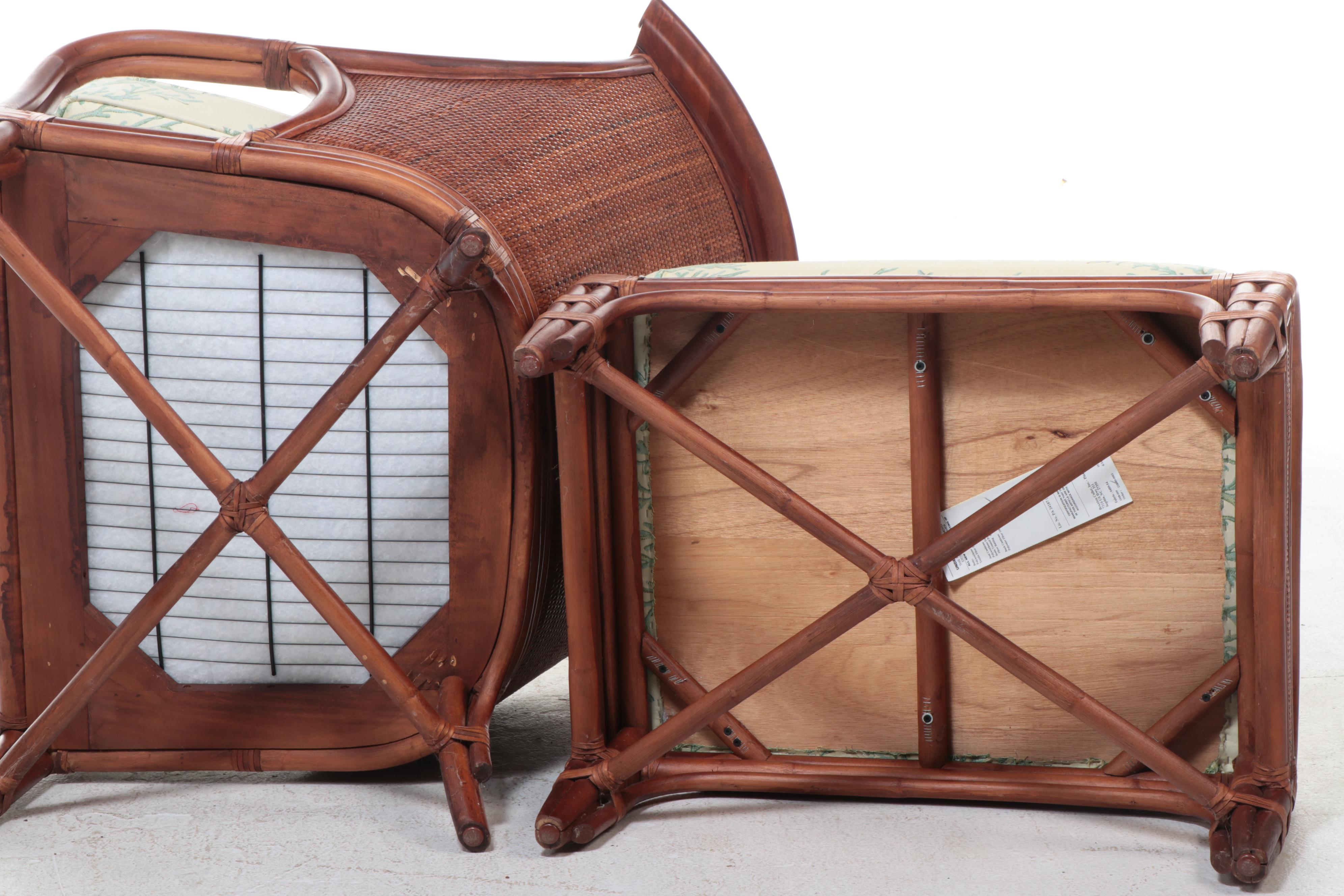 Braxton Culler Rattan, Hardwood, and Coral-Patterned Lounge Chair and Ottoman