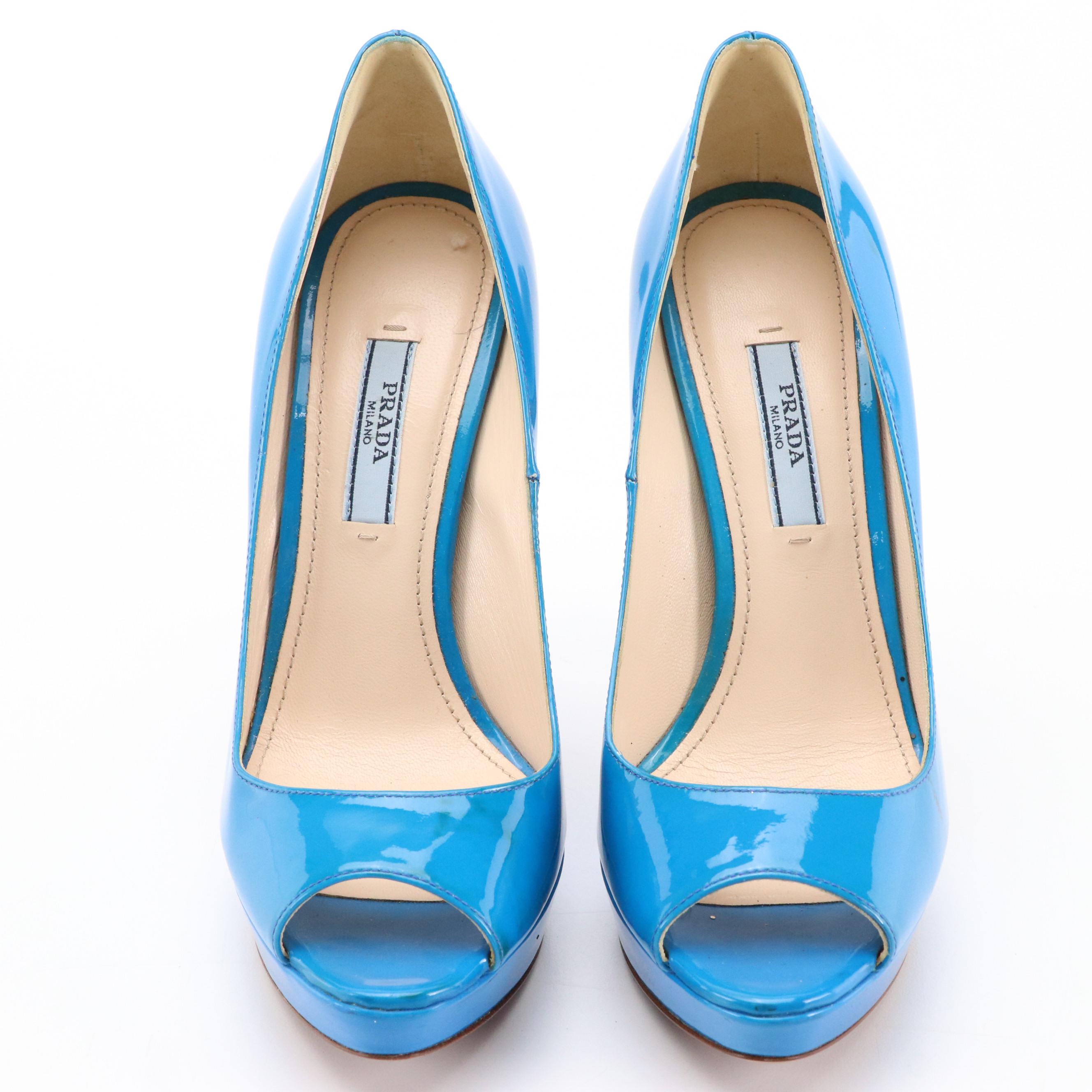 Prada Blue Patent Leather Peep-Toe Platform Pumps